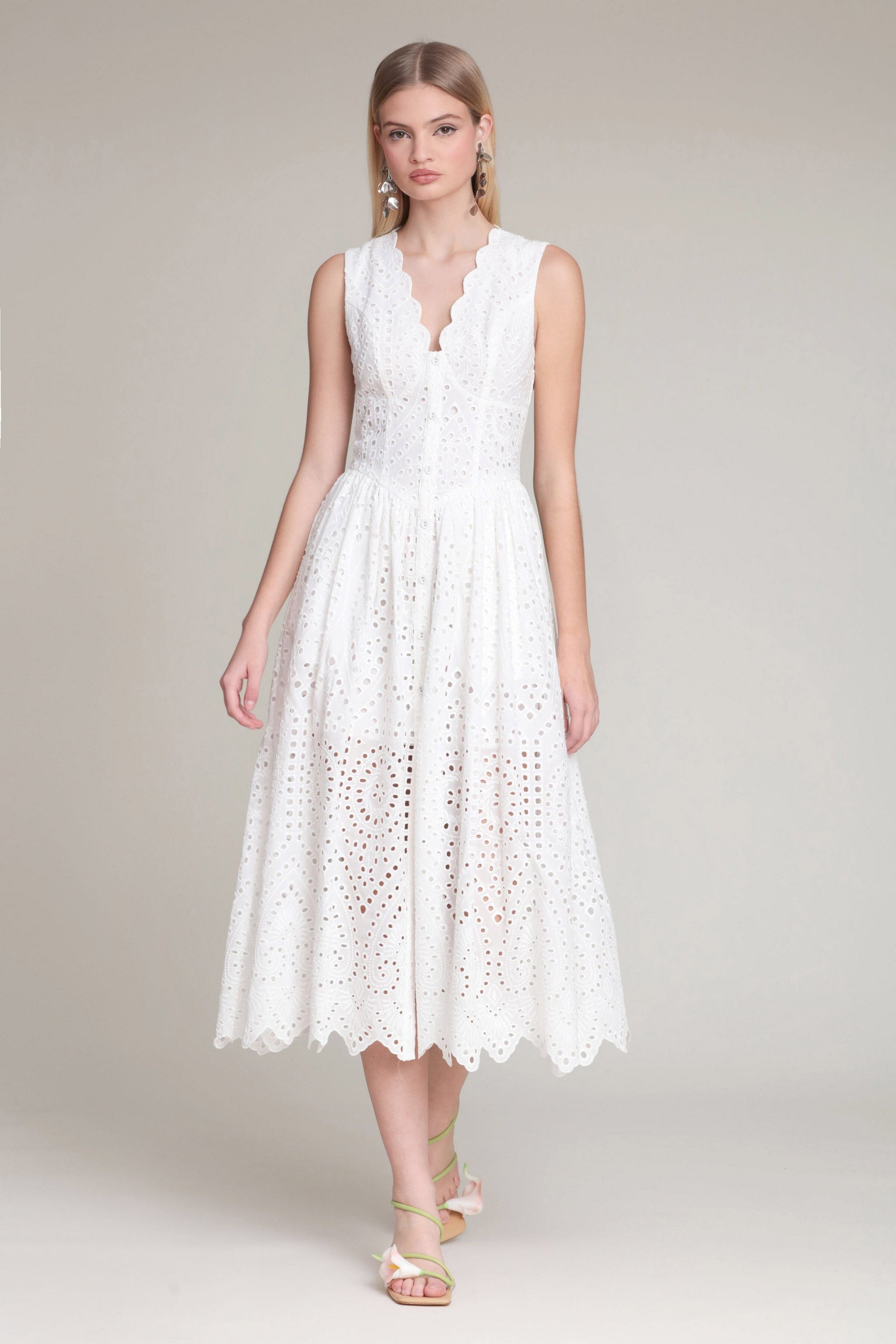 Broderie Anglaise Cotton Eyelet White Midi Dress