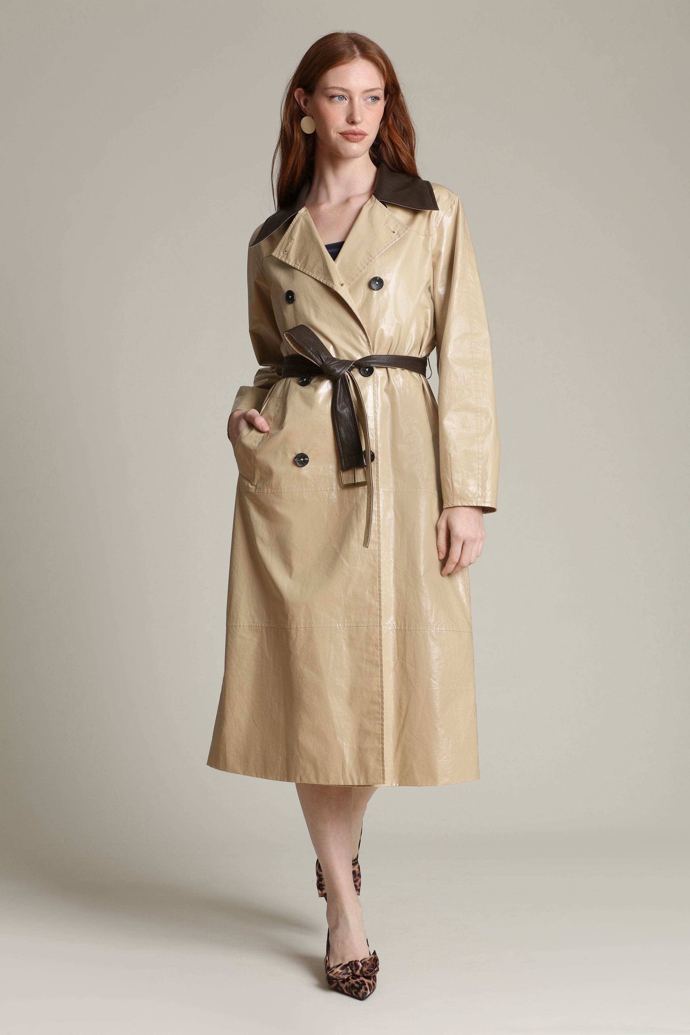 Faux leather contrast trim double-breasted front khaki trench coat with adjustable self-tie belt by Avec Les Filles