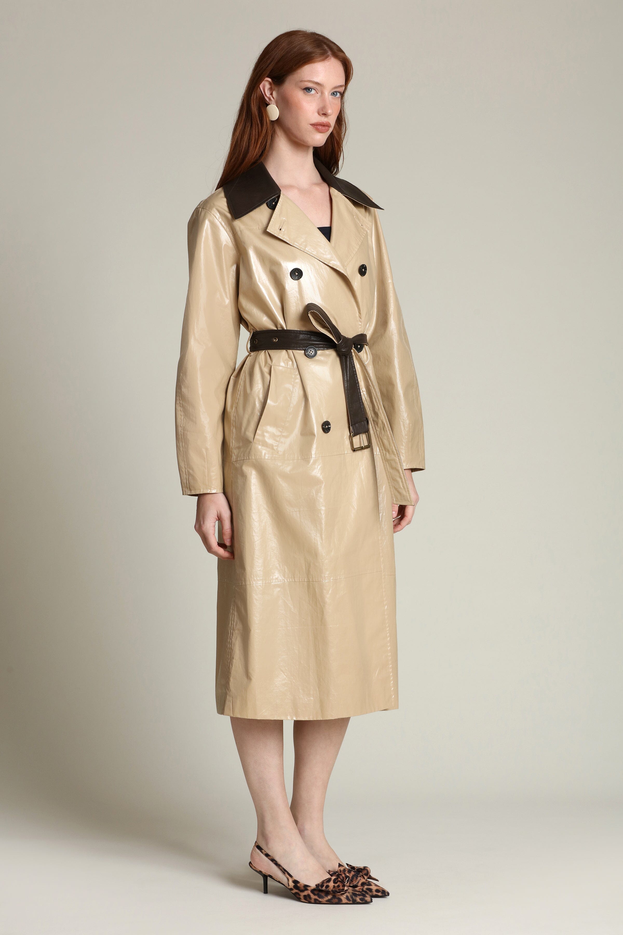 Faux leather contrast trim double-breasted front khaki trench coat with adjustable self-tie belt - Shop women's long trench coats by Avec Les Filles