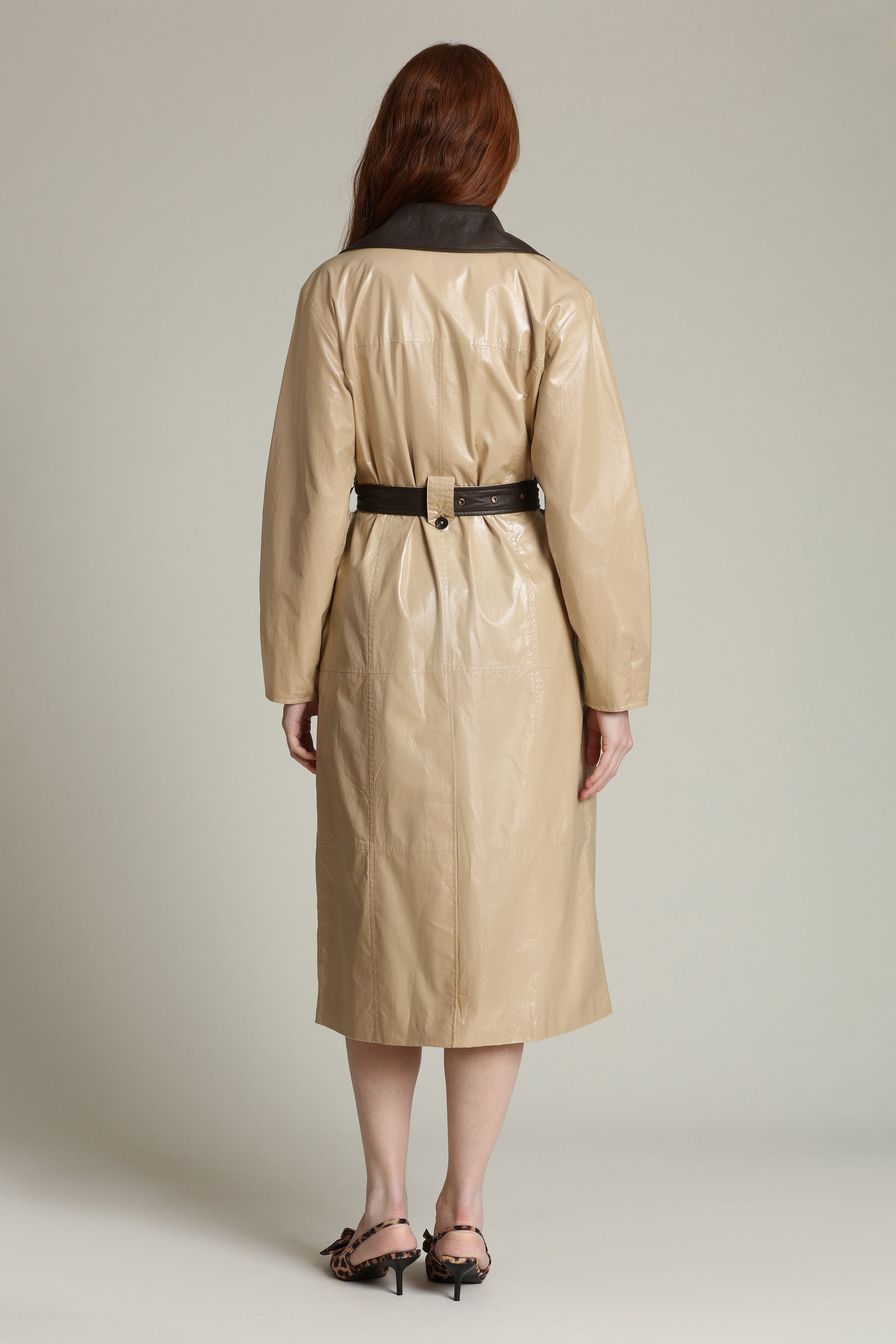Faux leather contrast trim double-breasted front khaki trench coat with adjustable self-tie belt by Avec Les Filles
