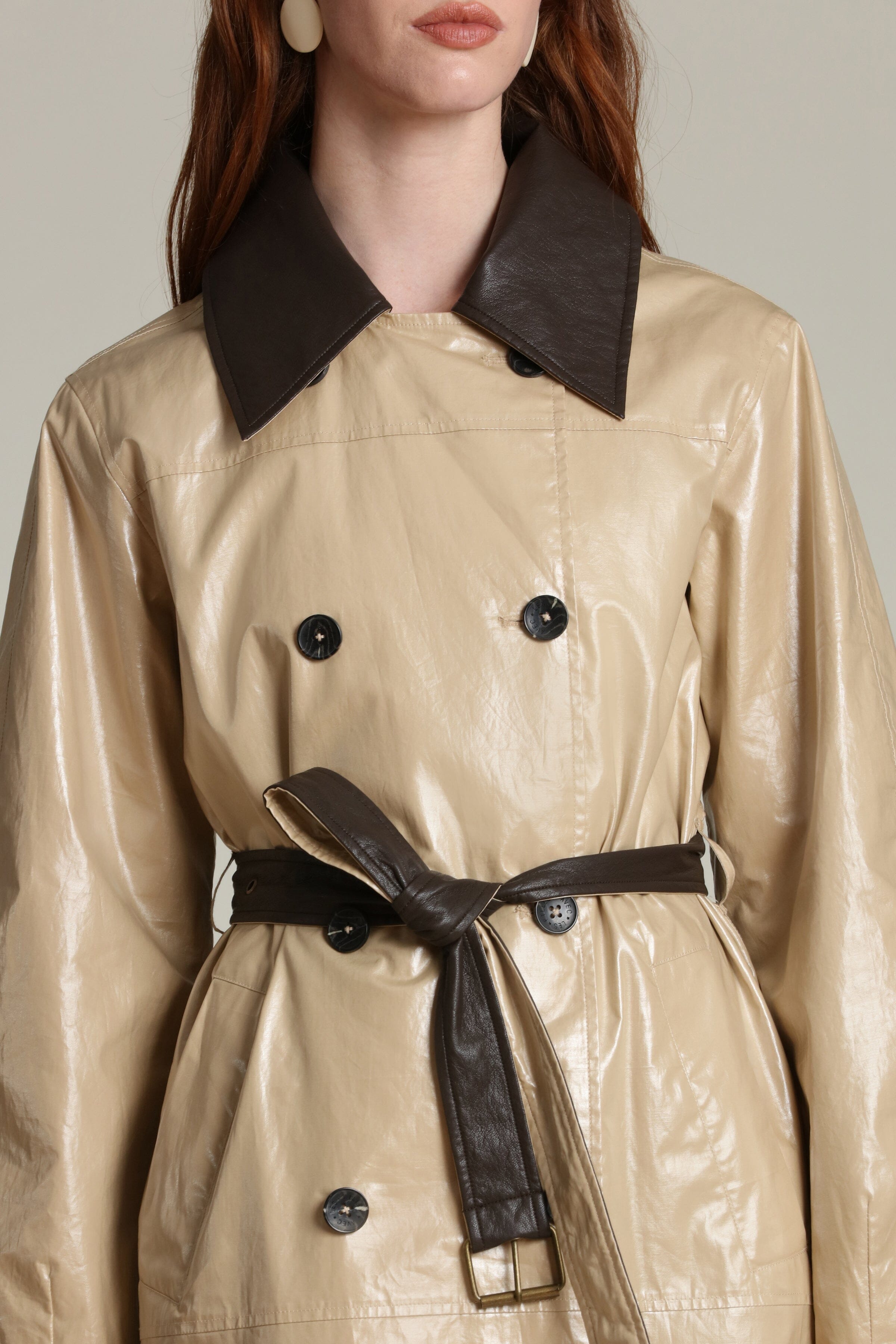 Faux leather contrast trim double-breasted front khaki trench coat with adjustable self-tie belt by Avec Les Filles