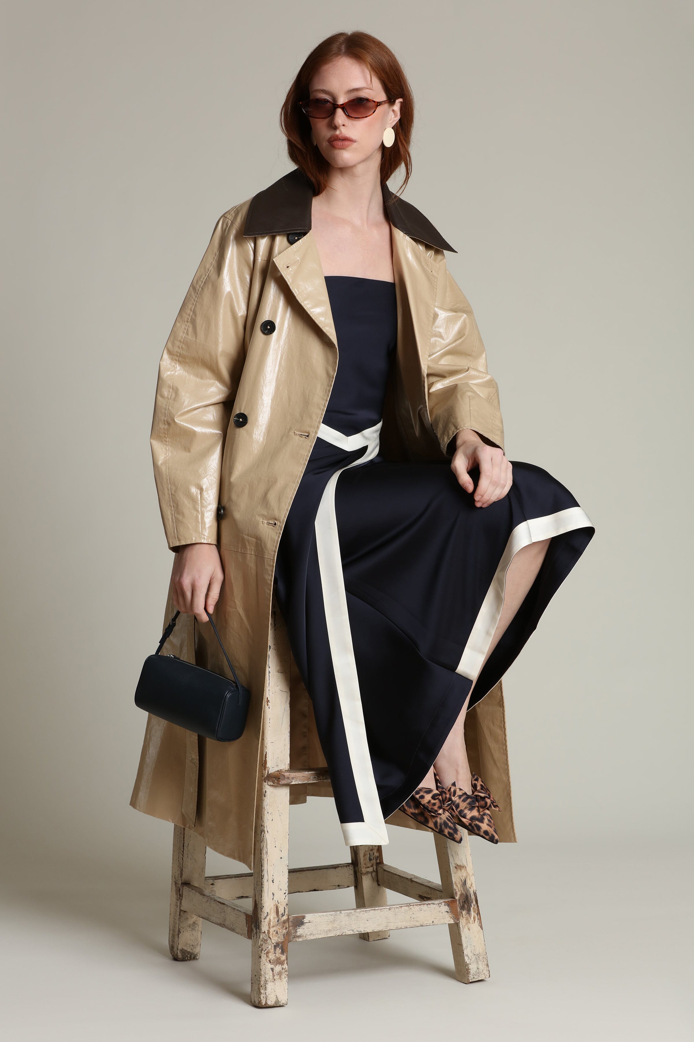 Faux leather contrast trim double-breasted front khaki trench coat with adjustable self-tie belt by Avec Les Filles