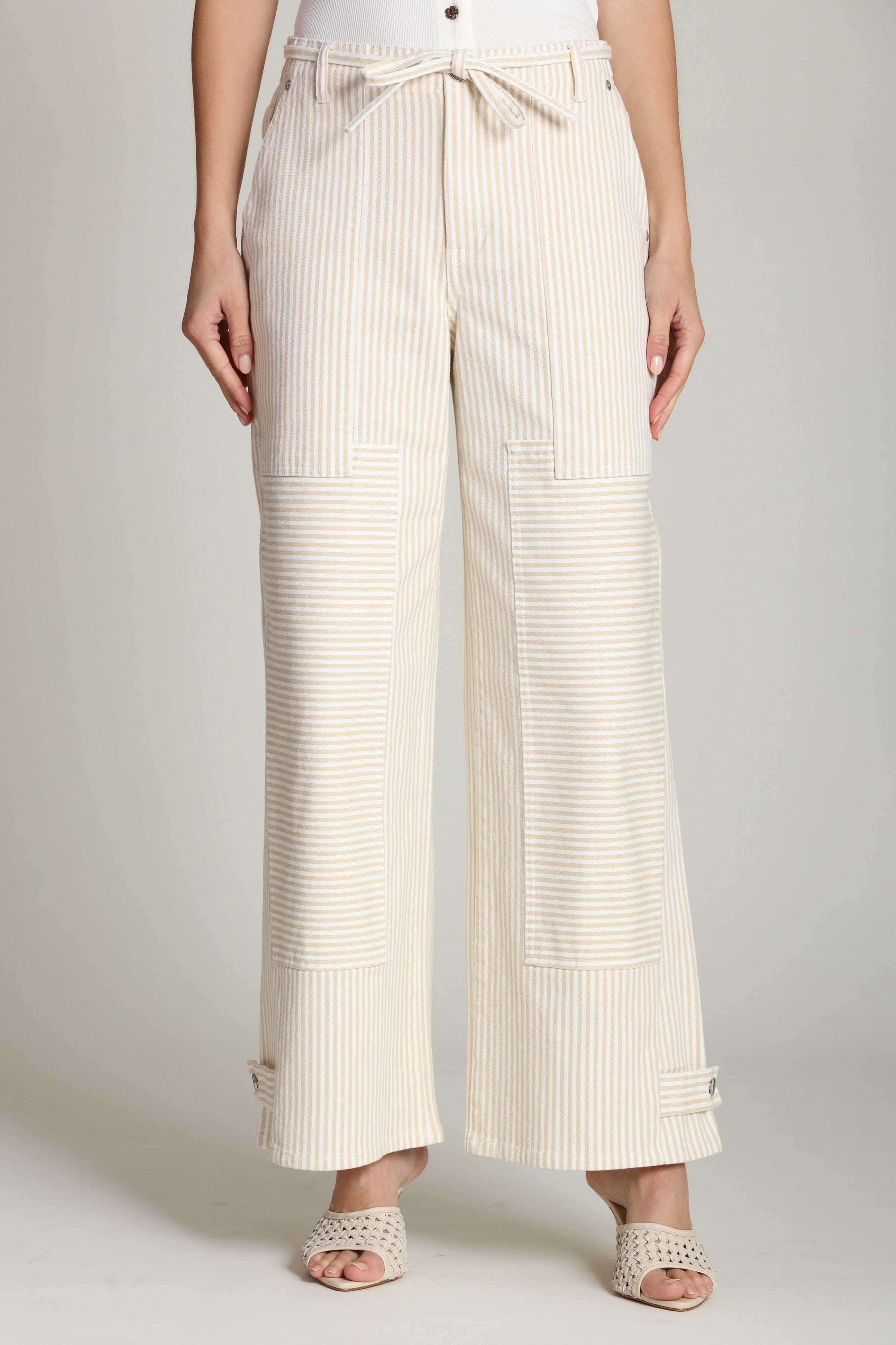 Striped cotton convertible wide-leg beige pant with adjustable tie and patch pockets - Shop designer women's pants by Avec Les Filles