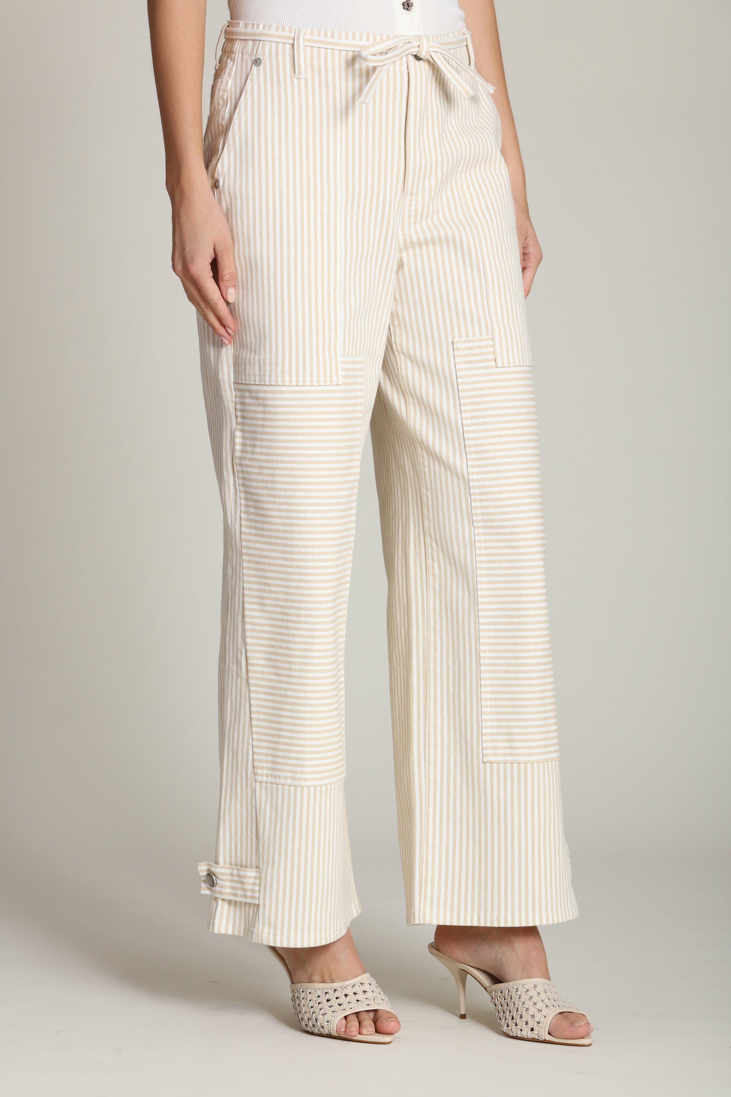 Striped cotton convertible wide-leg beige pant with adjustable tie and patch pockets - Shop designer women's pants by Avec Les Filles