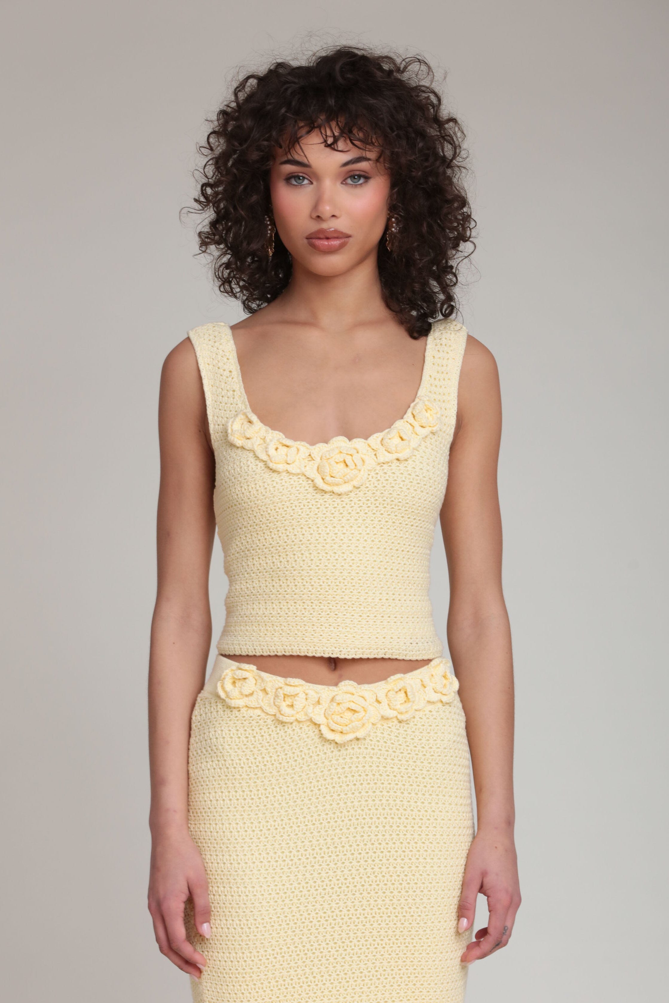 cotton-blend rosette butter yellow top with scoop neck and wide straps - Shop crochet tops for women by Avec Les Filles