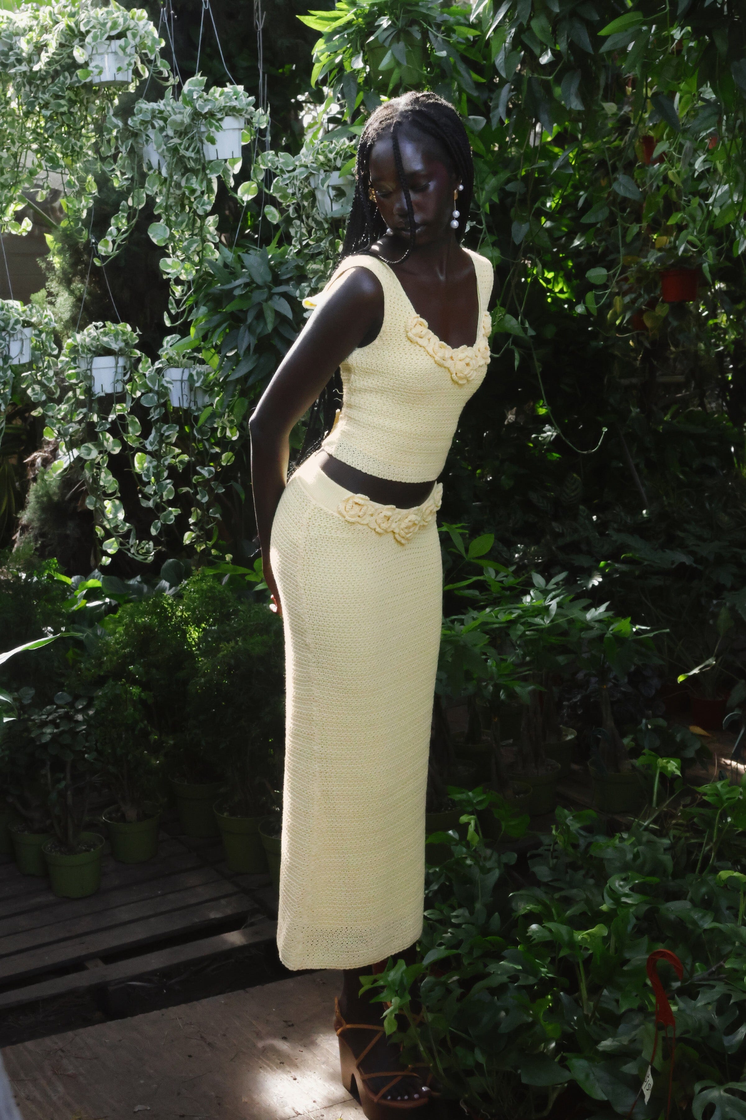 Rosette cotton-blend crochet yellow midi skirt with yellow tank top - Shop women's cute crochet skirts by Avec Les Filles