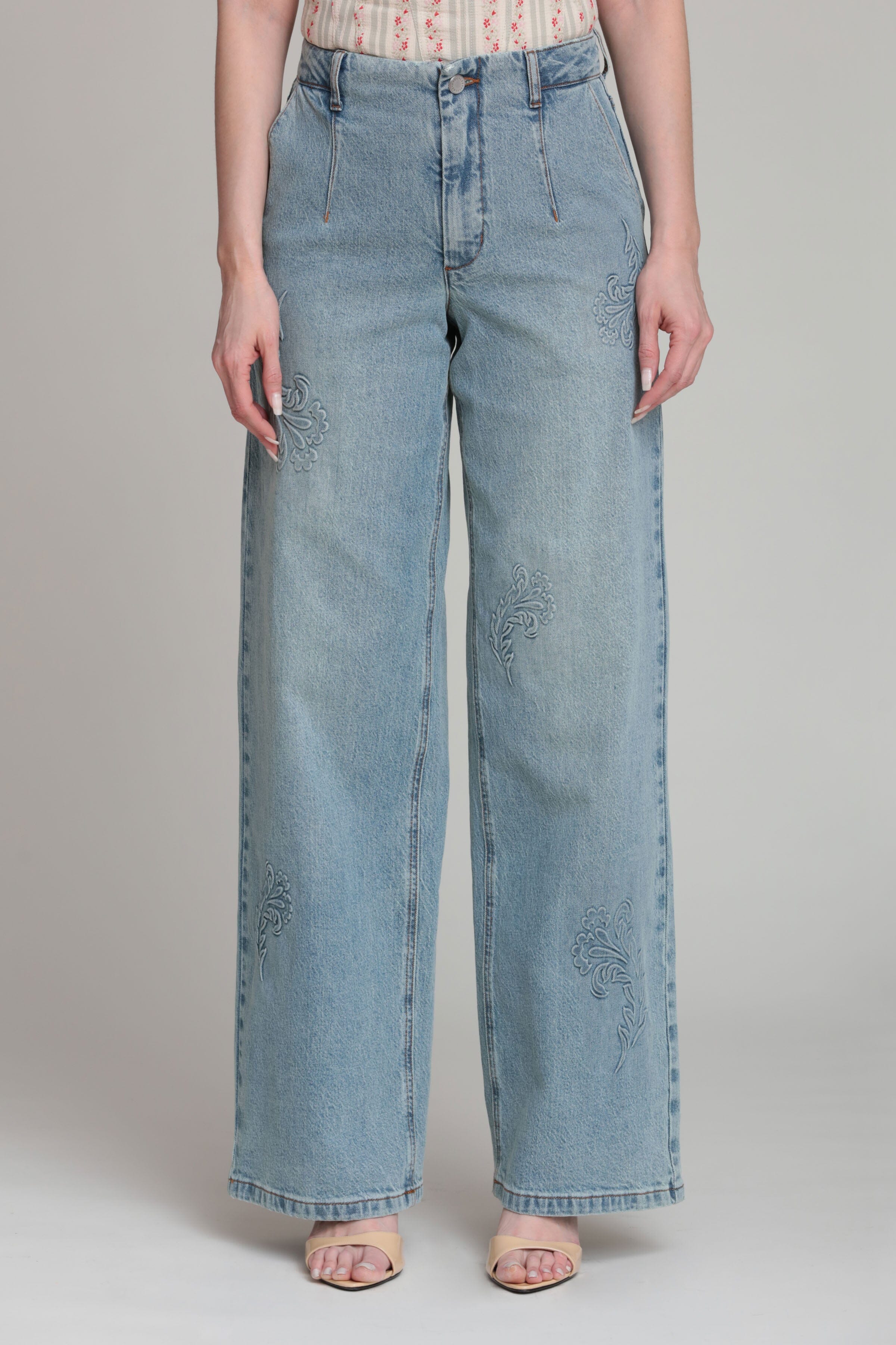 Blue denim wide leg jeans in cotton blend with high-rise waist - Shop women's cute embossed jeans by Avec Les Filles