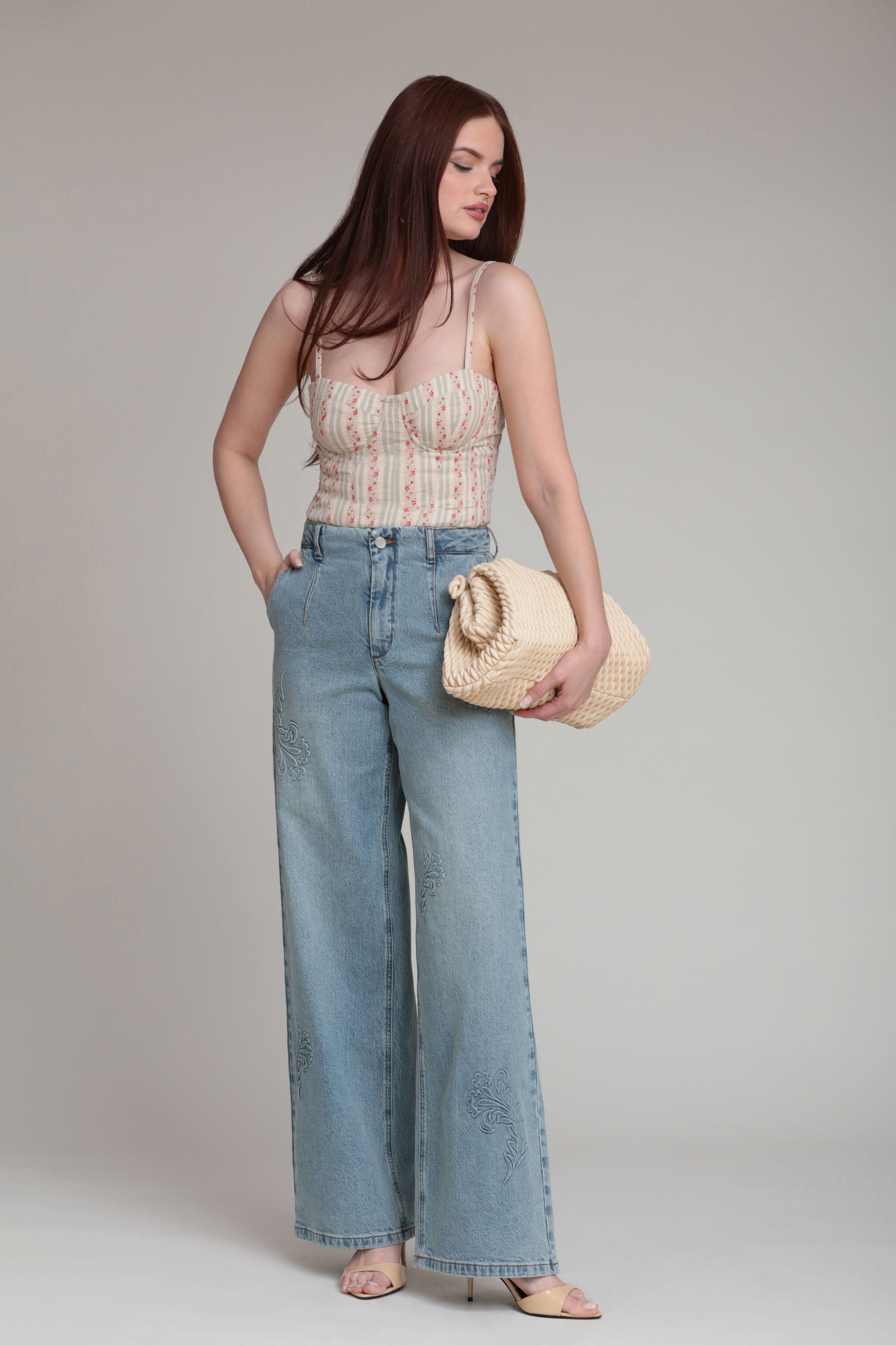 Blue denim wide leg jeans in cotton blend with a high-rise waist - Shop women's cute embossed jeans by Avec Les Filles
