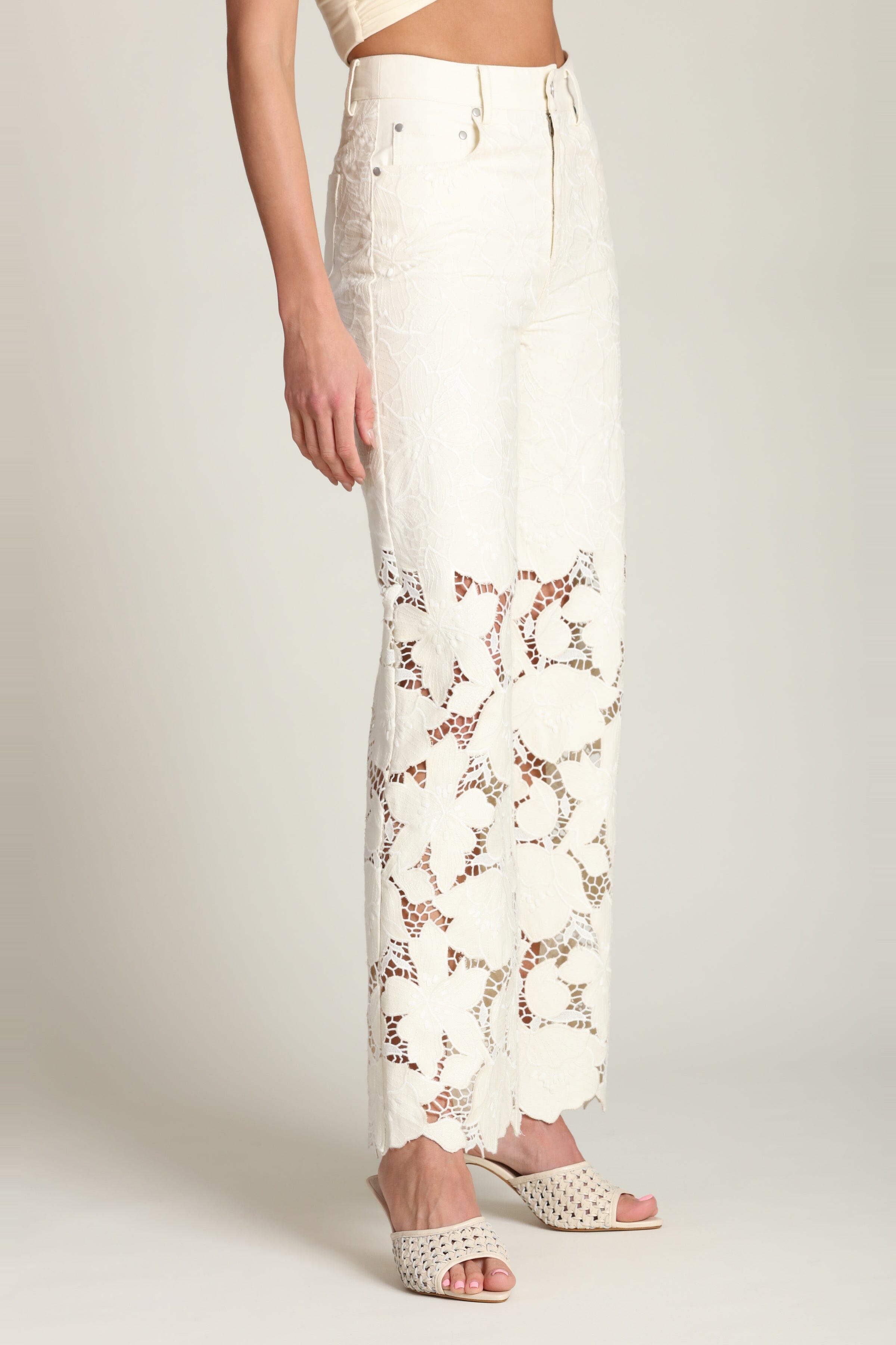 Floral guipure lace off white wide leg pants by Avec Les Filles