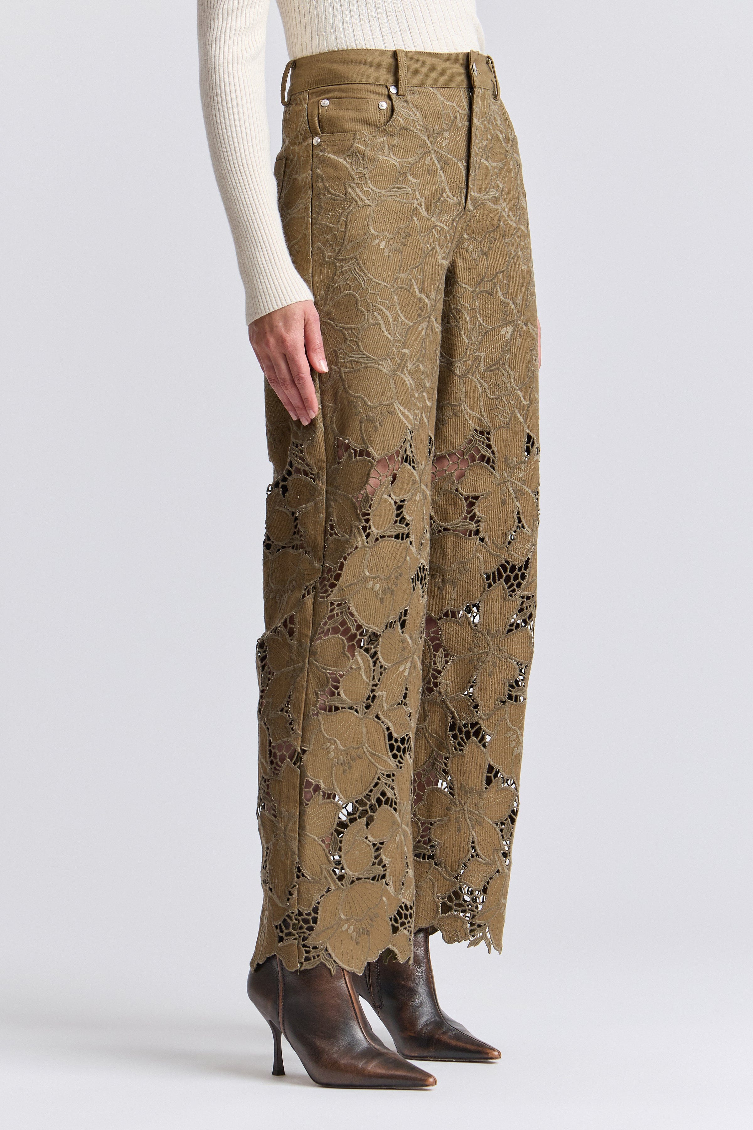 Guipure cotton olive green embroidered wide leg pants with high-rise waist - Shop women’s cute pants by Avec Les Filles.