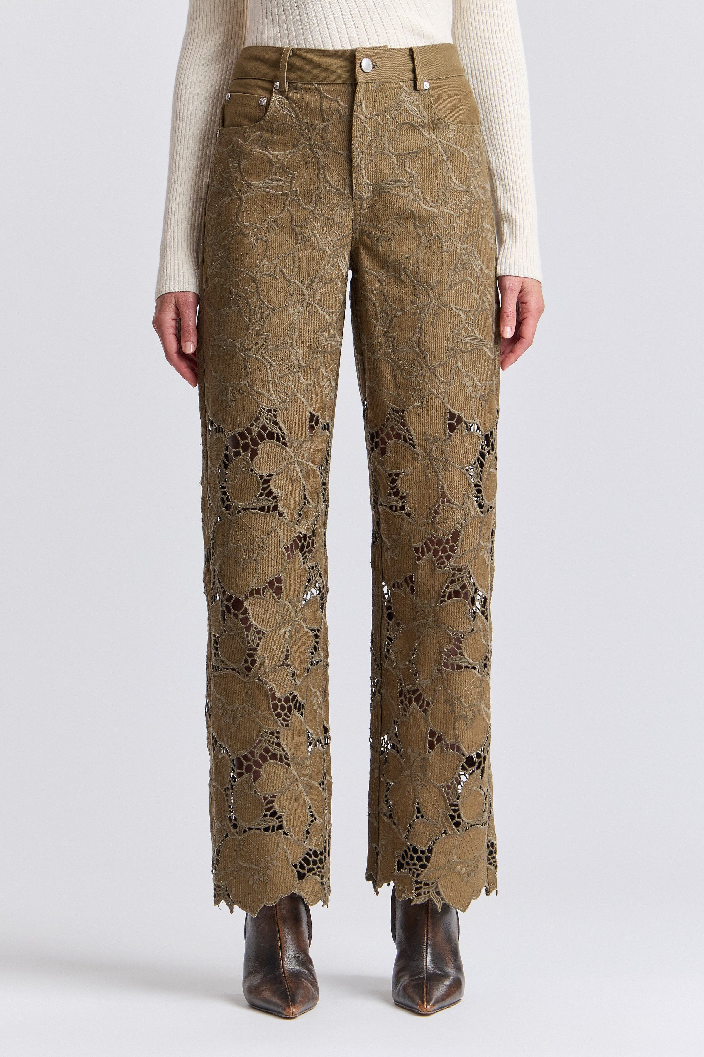 olive green embroidered guipure lace pants in cotton with ahigh-rise waist - Shop women’s pants by Avec Les Filles.