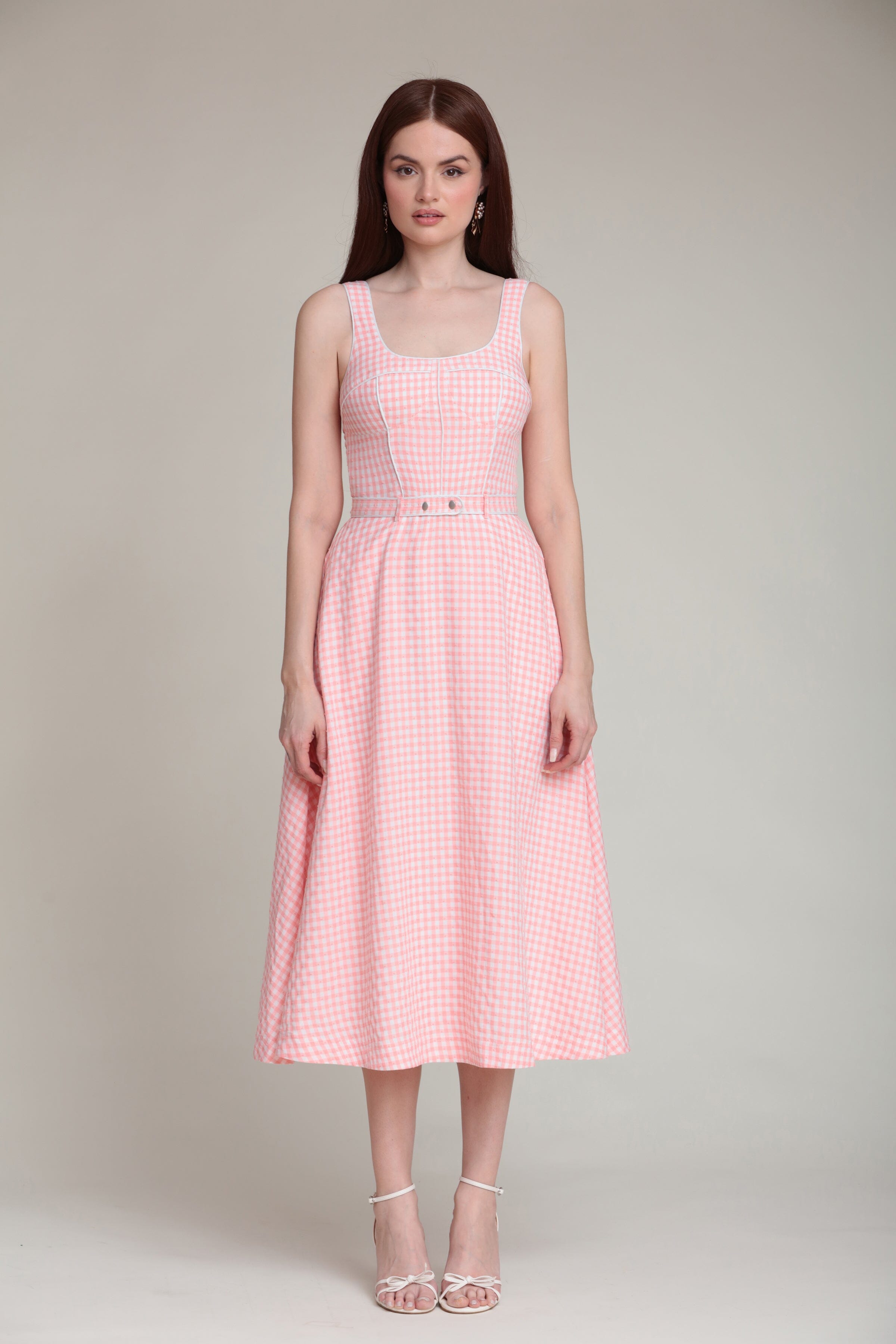 Pink gingham bustier dress with wide straps, square neck and belt - women's cute midi dresses by Avec Les Filles