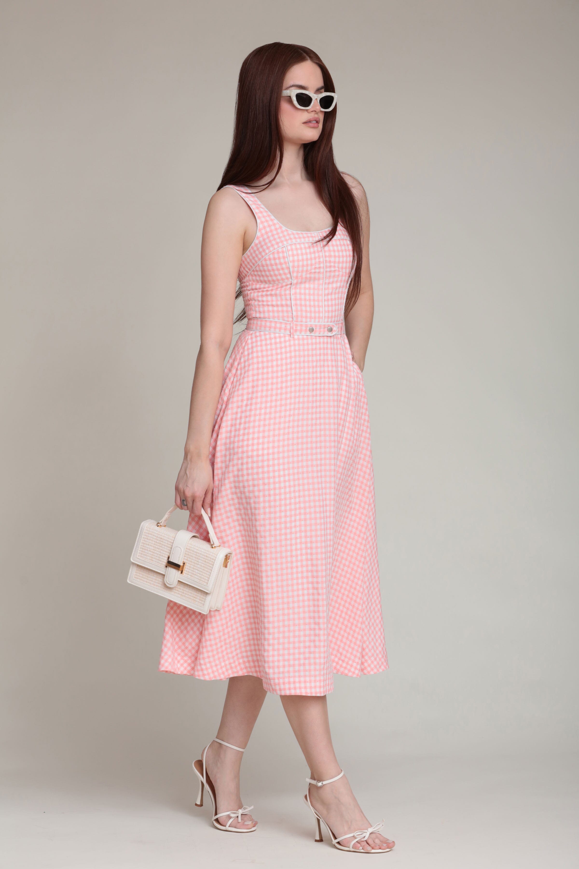Pink gingham dress with wide straps, square neck and removable belt - Shop cute midi dresses by Avec Les Filles