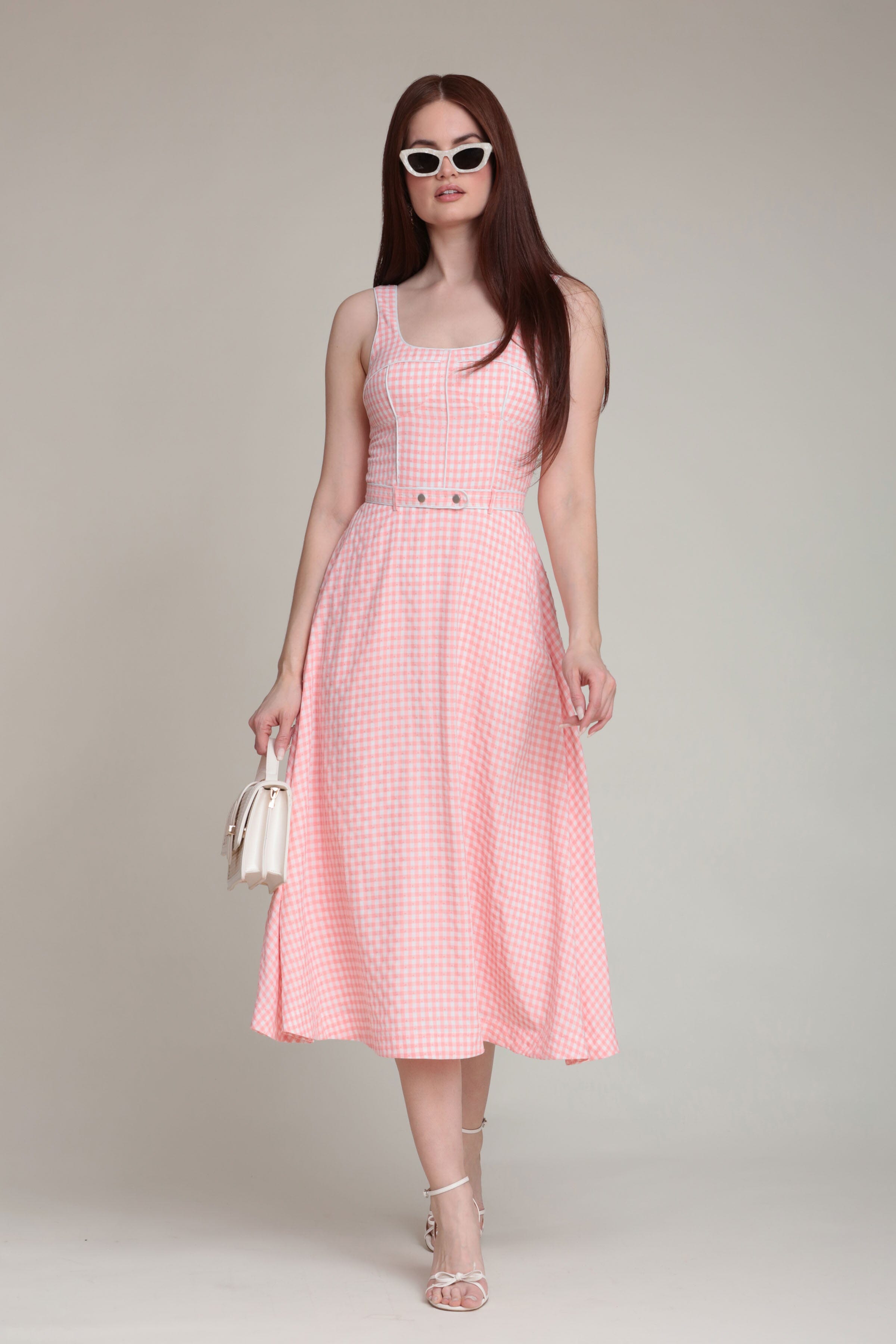 Pink gingham bustier midi dress with wide straps and belt - Shop designer women's cute midi dresses by Avec Les Filles