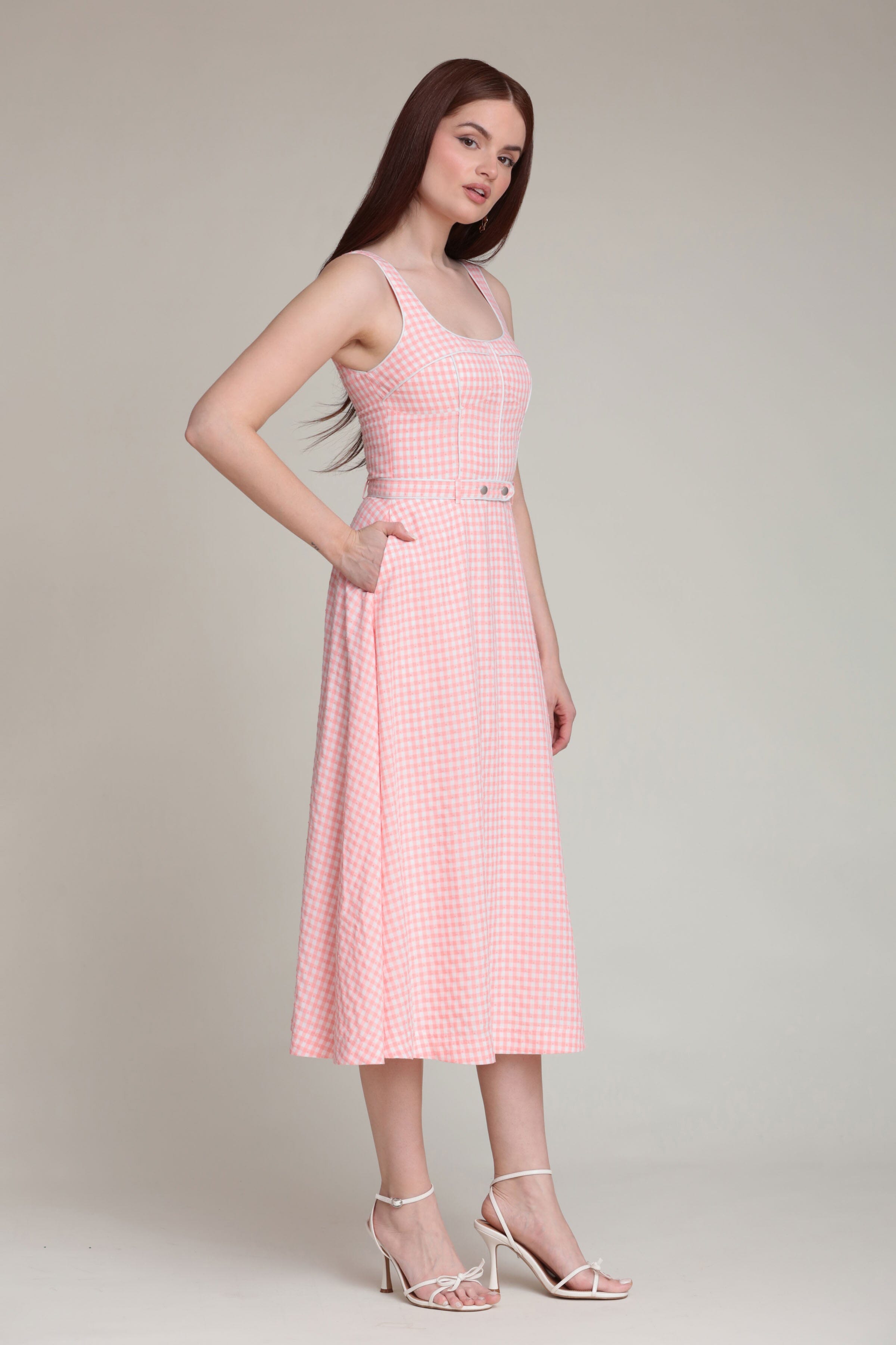 Pink gingham sleeveless bustier midi dress with wide straps and belt - Shop cute midi dresses by Avec Les Filles