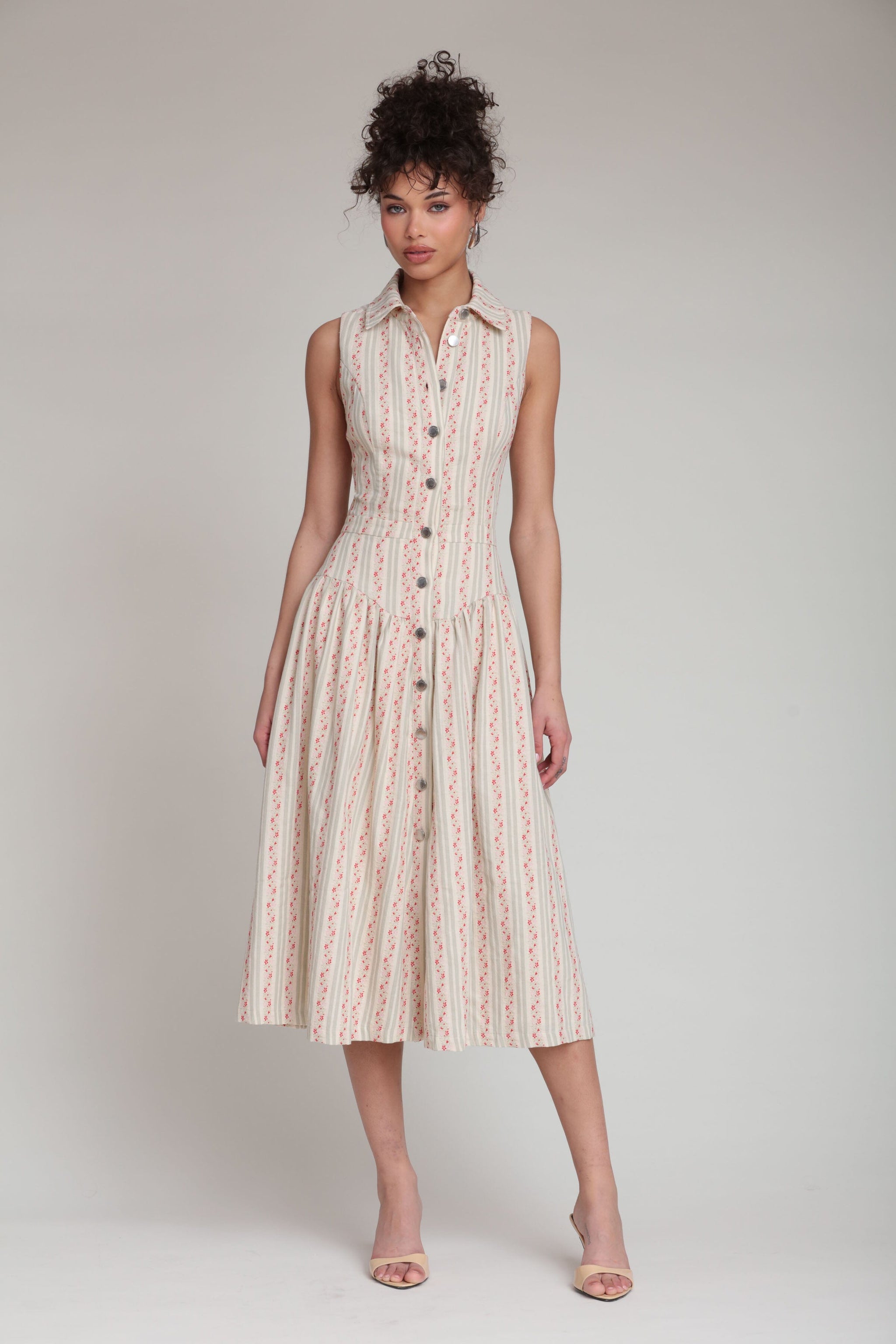 womens cotton midi dress Floral Stripe Cotton Drop-Waist Midi Dress