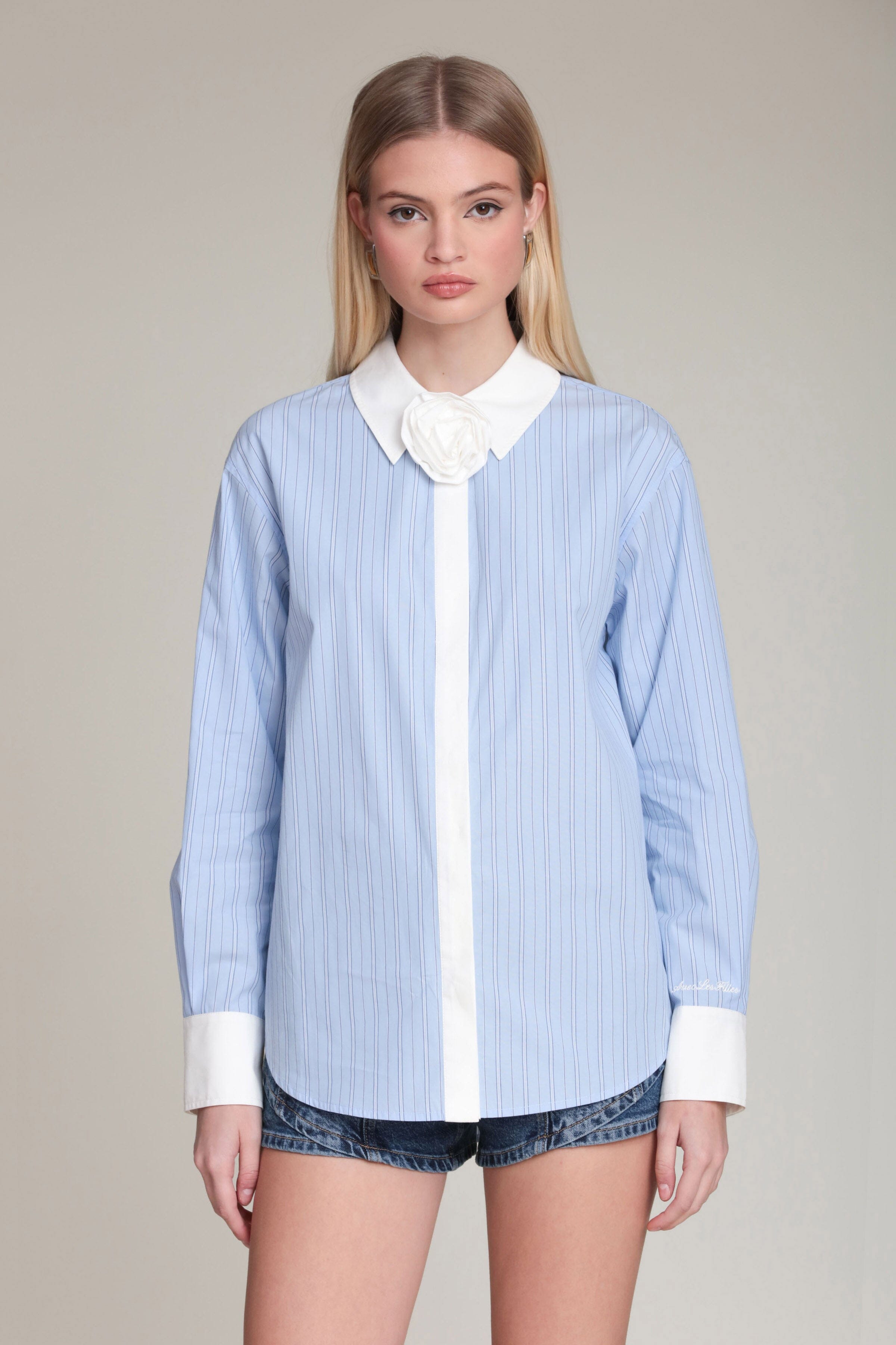 Rosette detail cotton contrast button-down blue & white stripe shirt with a pointed collar and long sleeves - Shop designer shirts by Avec Les Filles