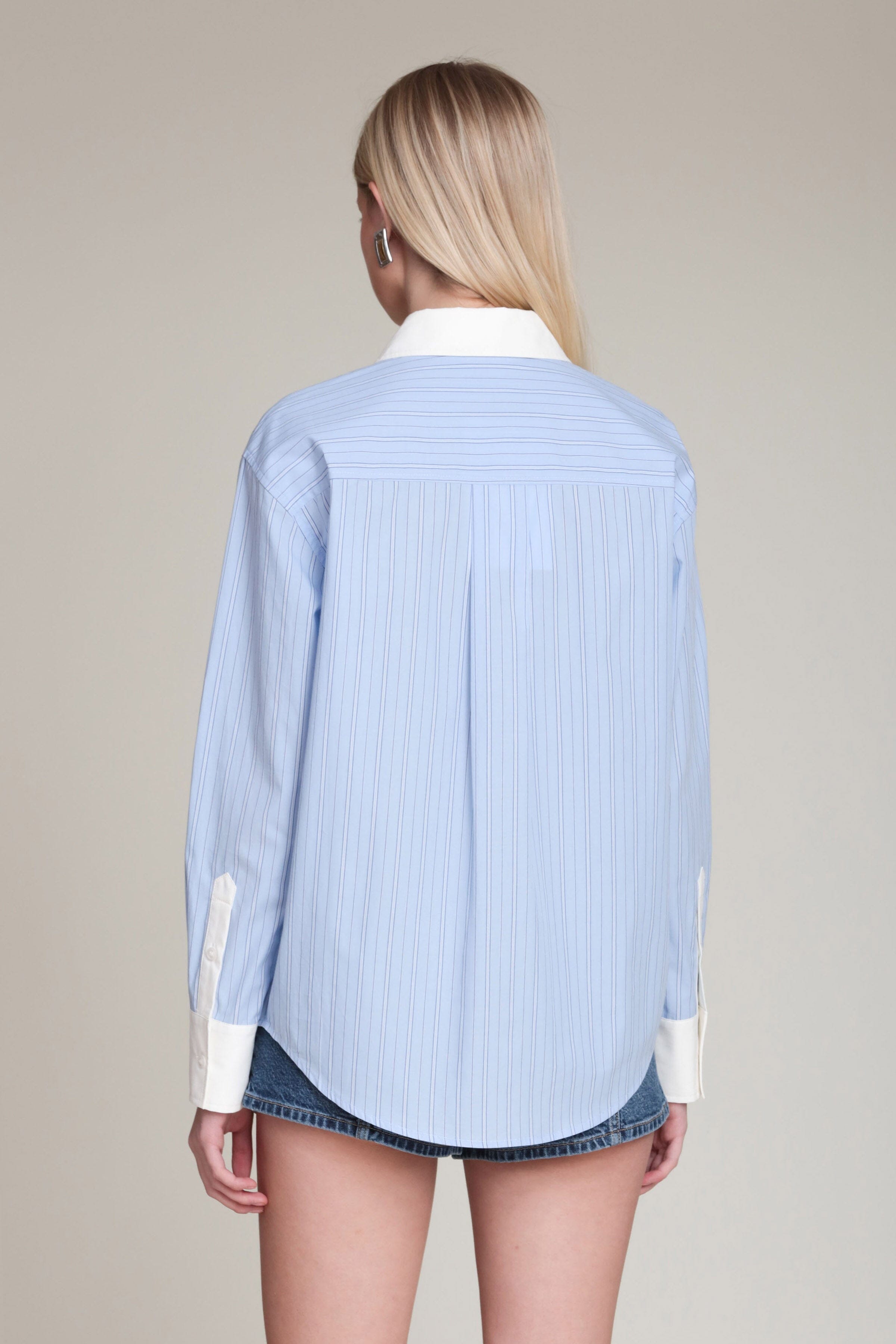 Rosette detail cotton contrast button-down blue & white stripe shirt with a pointed collar and long sleeves by Avec Les Filles