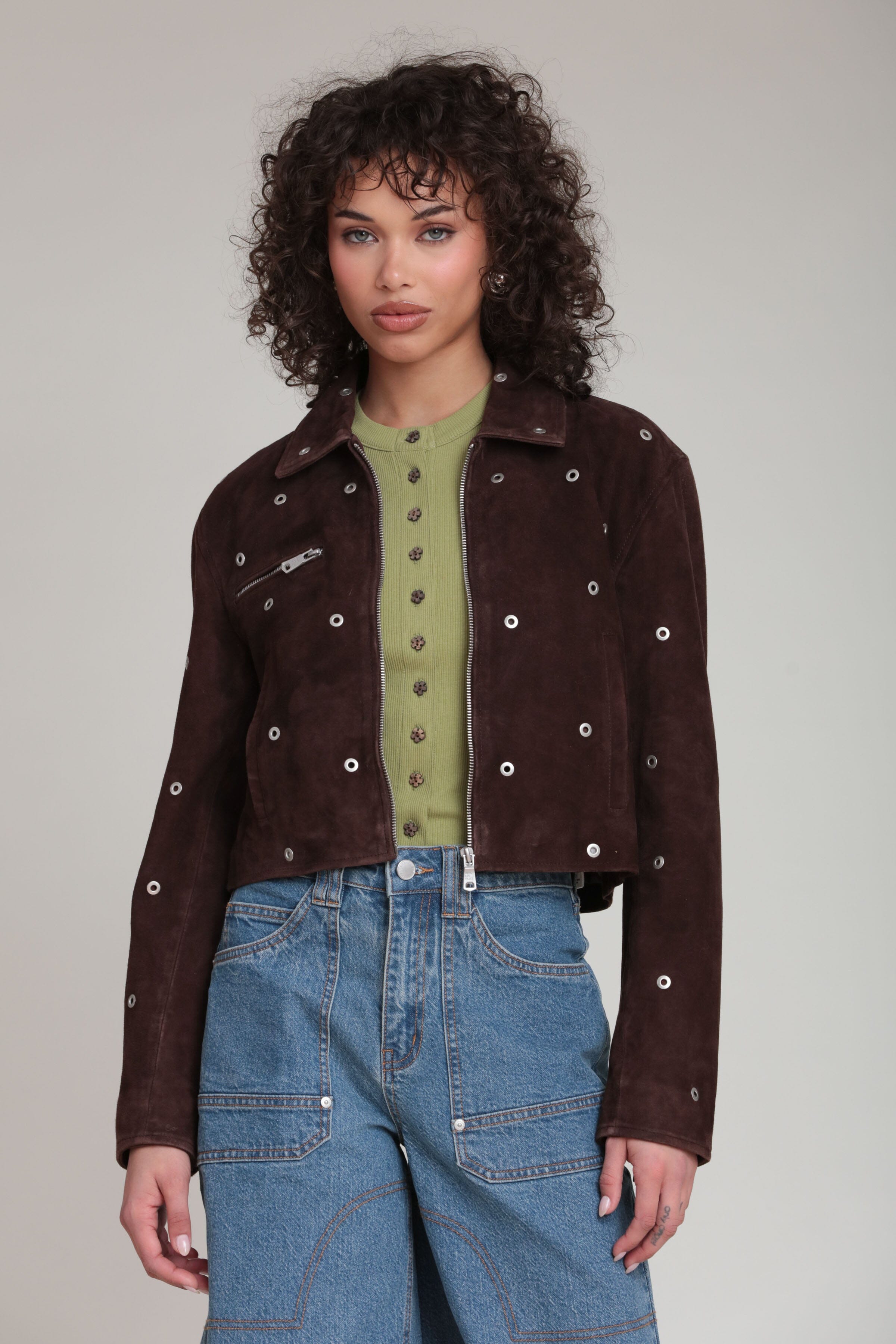 Cropped geniune brown suede jacket with grommet-studded - Shop women's designer jackets by Avec Les Filles