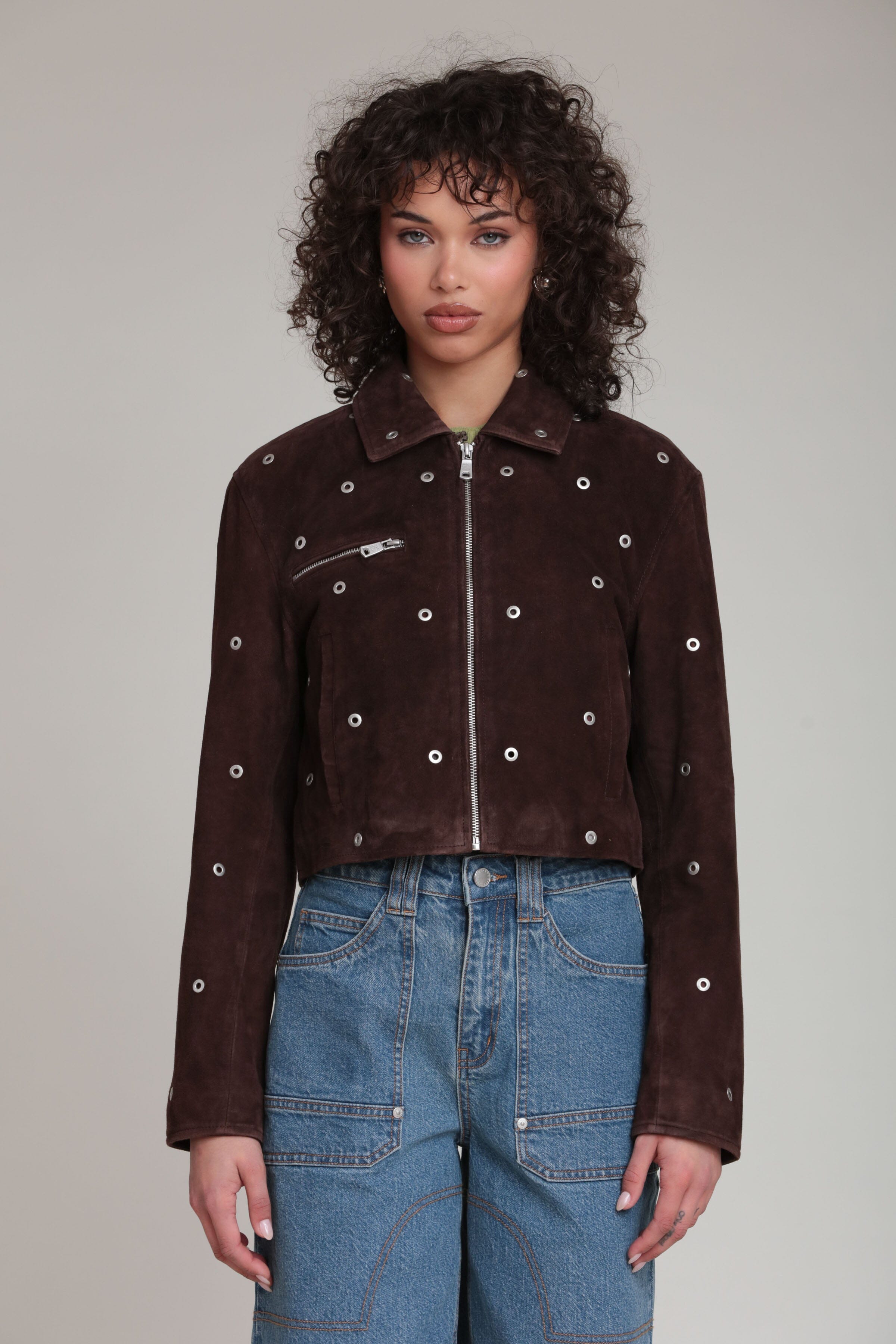 Genuine suede grommet-studded cropped dark brown jacket with a pointed collar and shoulder pads - Cute women's jackets by Avec Les Filles