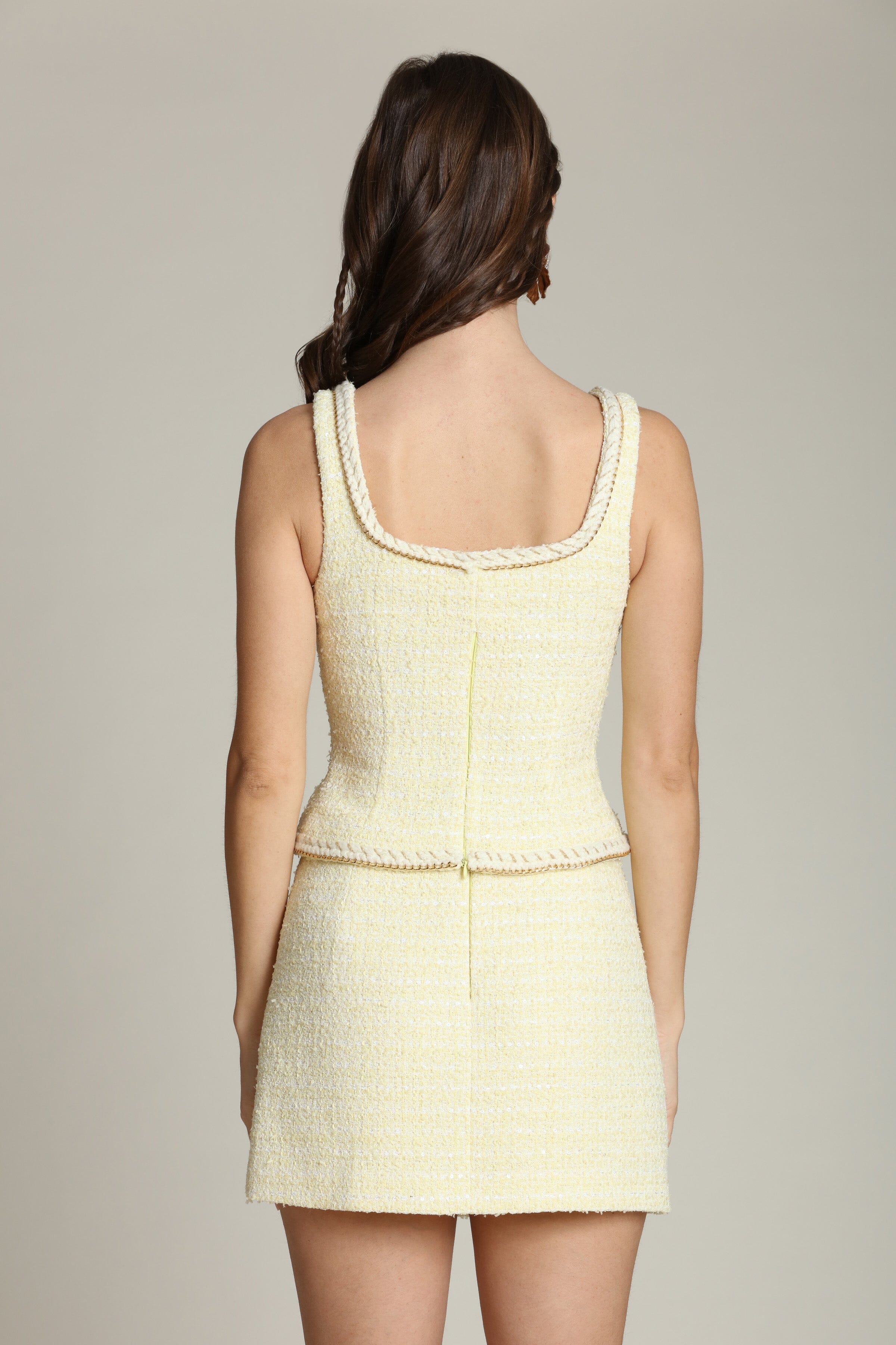 Light yellow tweed chain trim tank sleeveless top with mini skirt - Shop women’s cute tank tops by Avec Les Filles