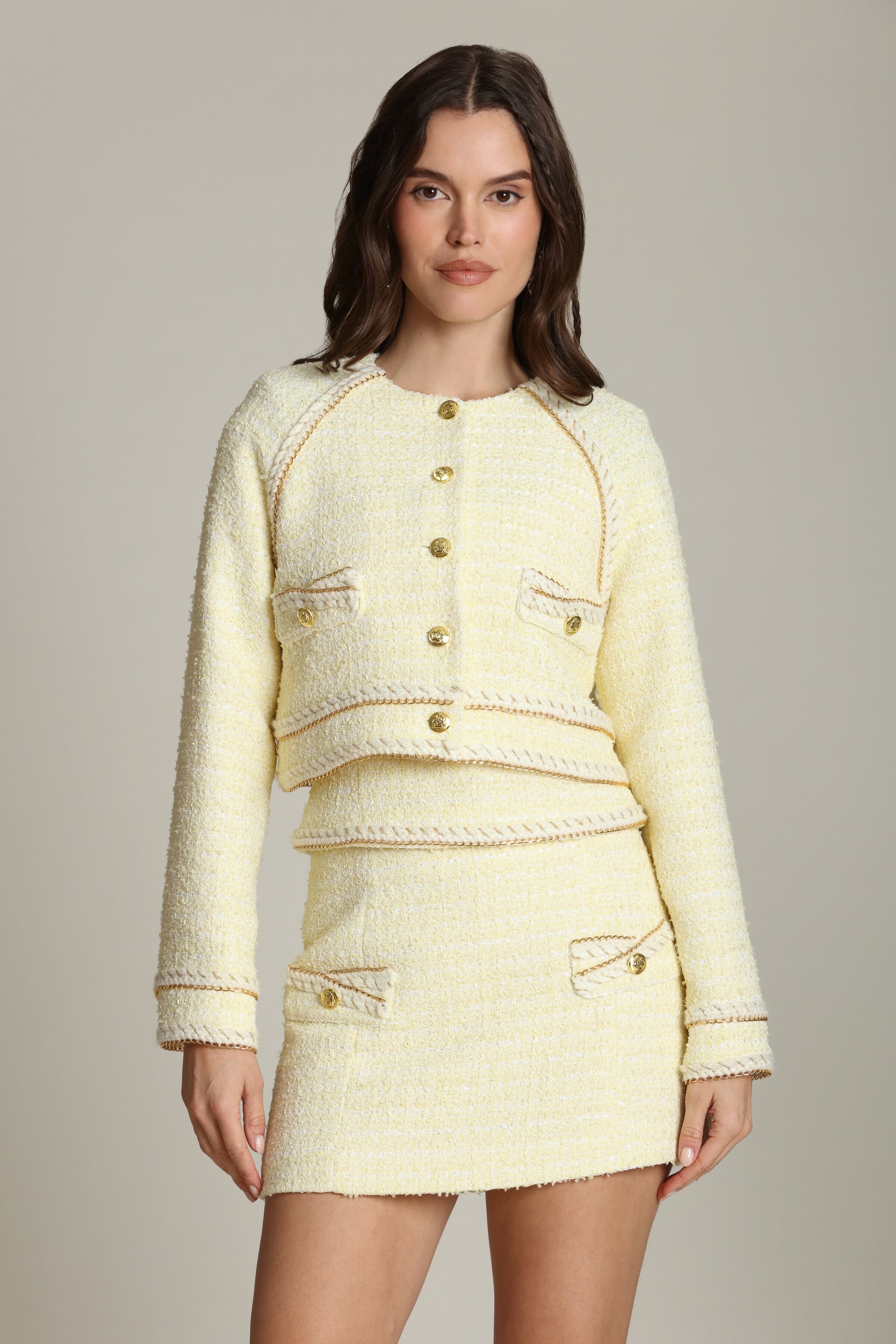 Raglan sleeves, light yellow jacket, tweed adds a touch of shine with subtle sequins and gleaming gold buttons- Shop women’s designer coats and jackets by Avec Les Filles