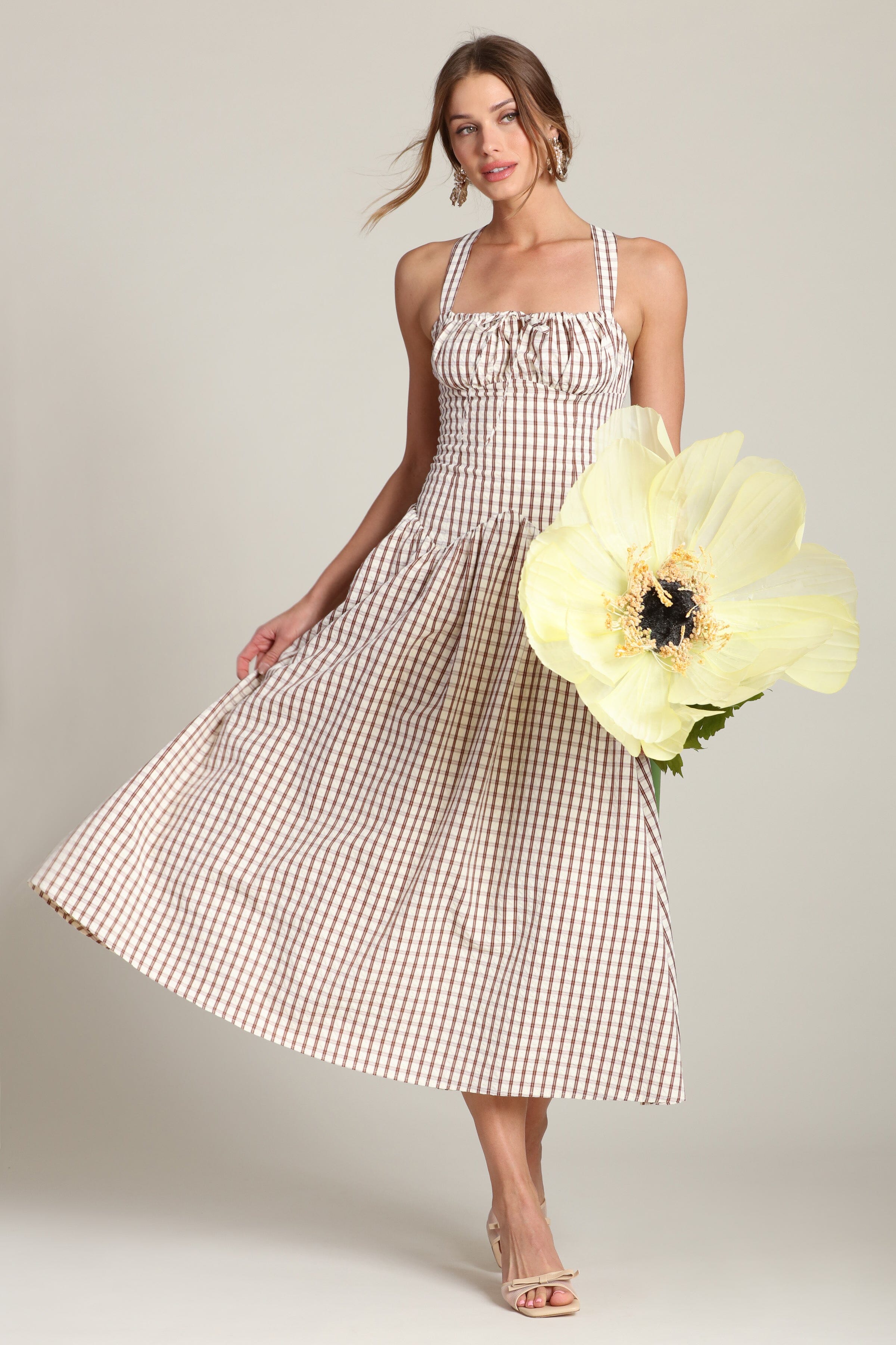 Gingham drop-waist cream midi dress with adjustable shoulder straps and square neckline by Avec Les Filles
