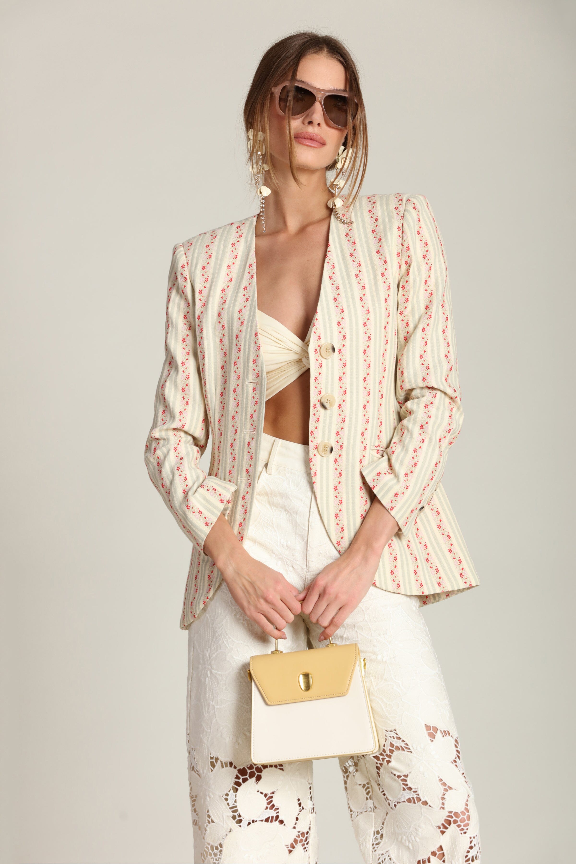 Floral linen-blend multicolor stripe blazer jacket with a button front - Shop women's cute blazer jackets by Avec Les Filles