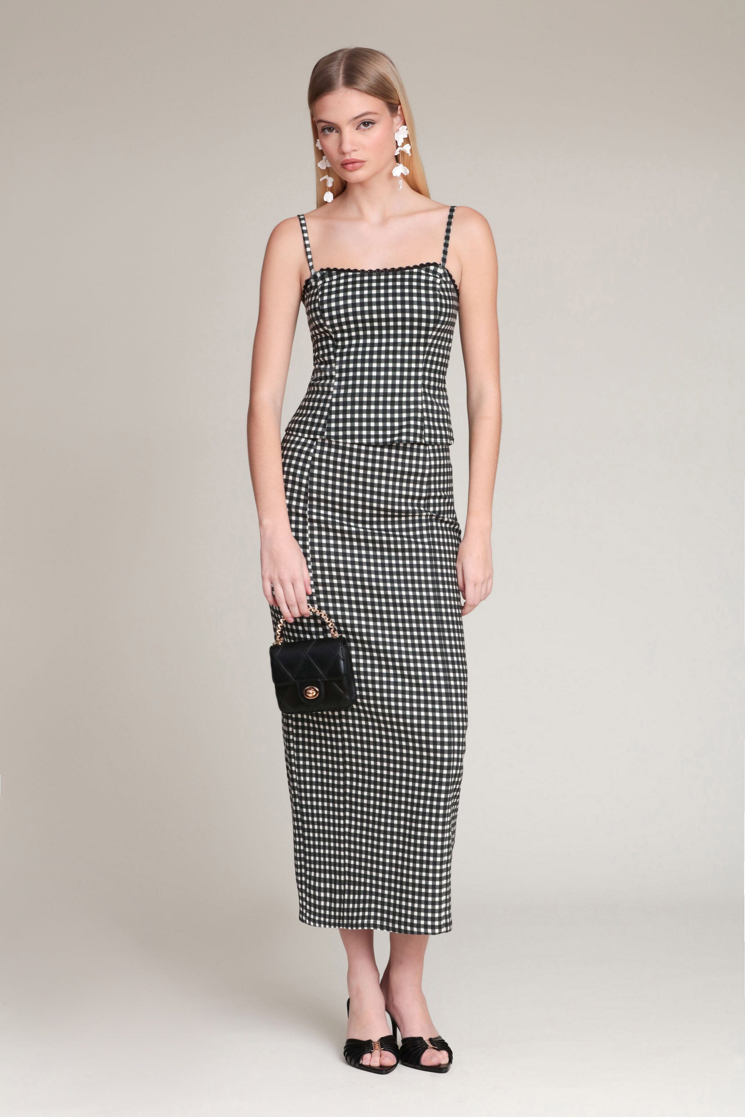 Black gingham high-rise pencil skirt and cami tank top - Shop women’s cute maxi skirts and tank tops by Avec Les Filles