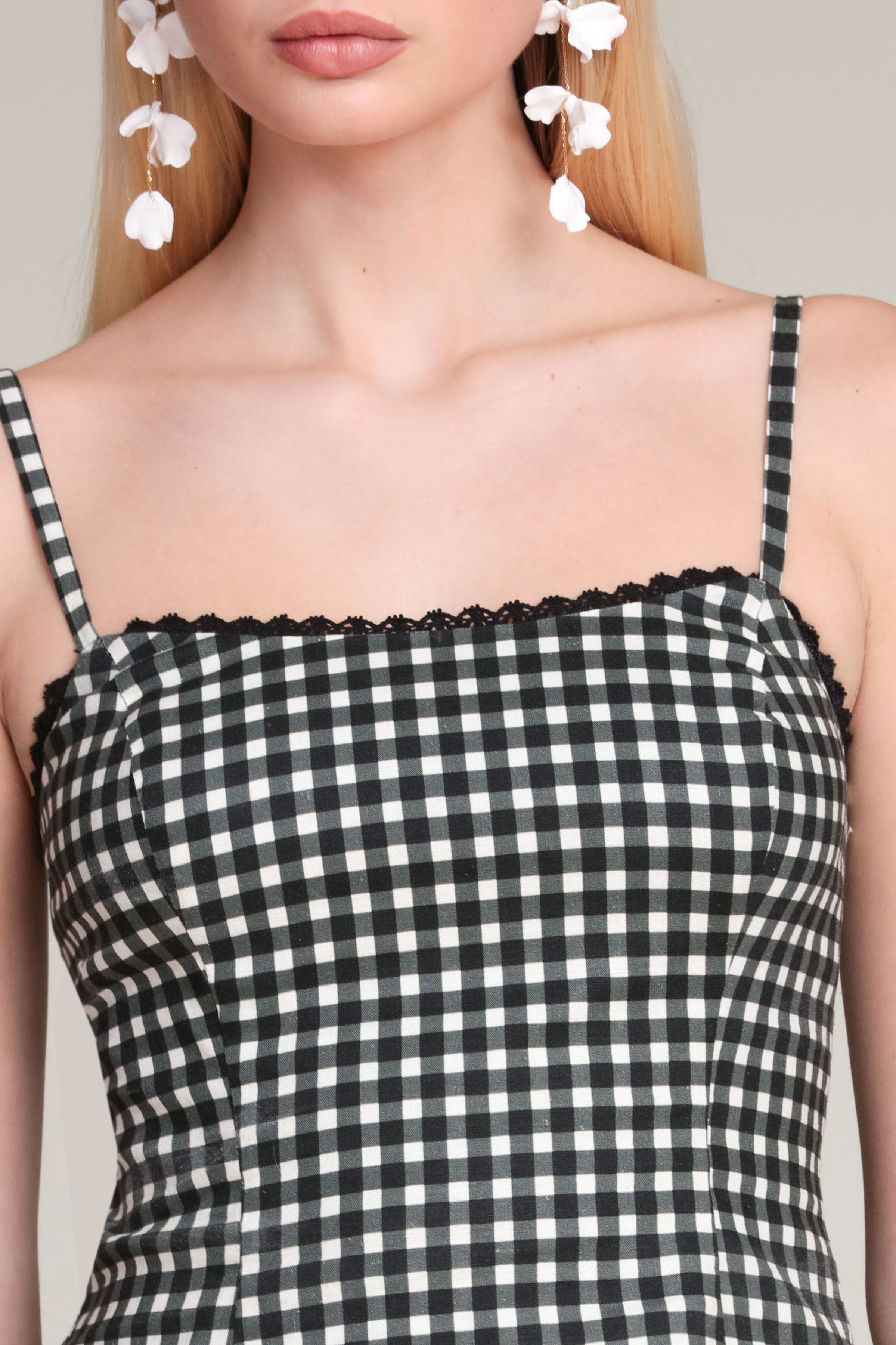 Linen-blend black gingham cami top with adjustable spaghetti straps and a square neck by Avec Les Filles