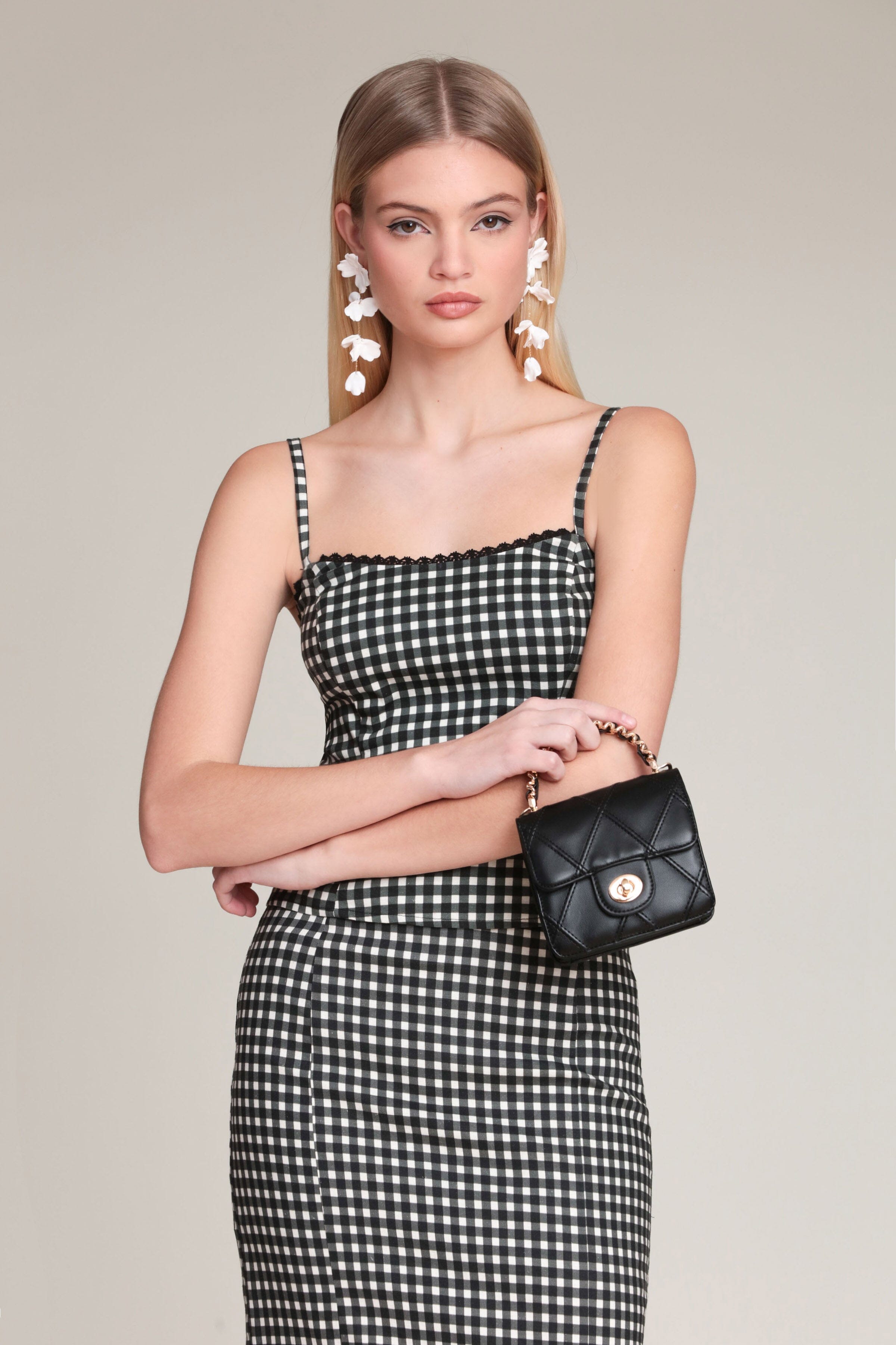 Linen-blend black gingham cami top with adjustable spaghetti straps and a square neckline by Avec Les Filles
