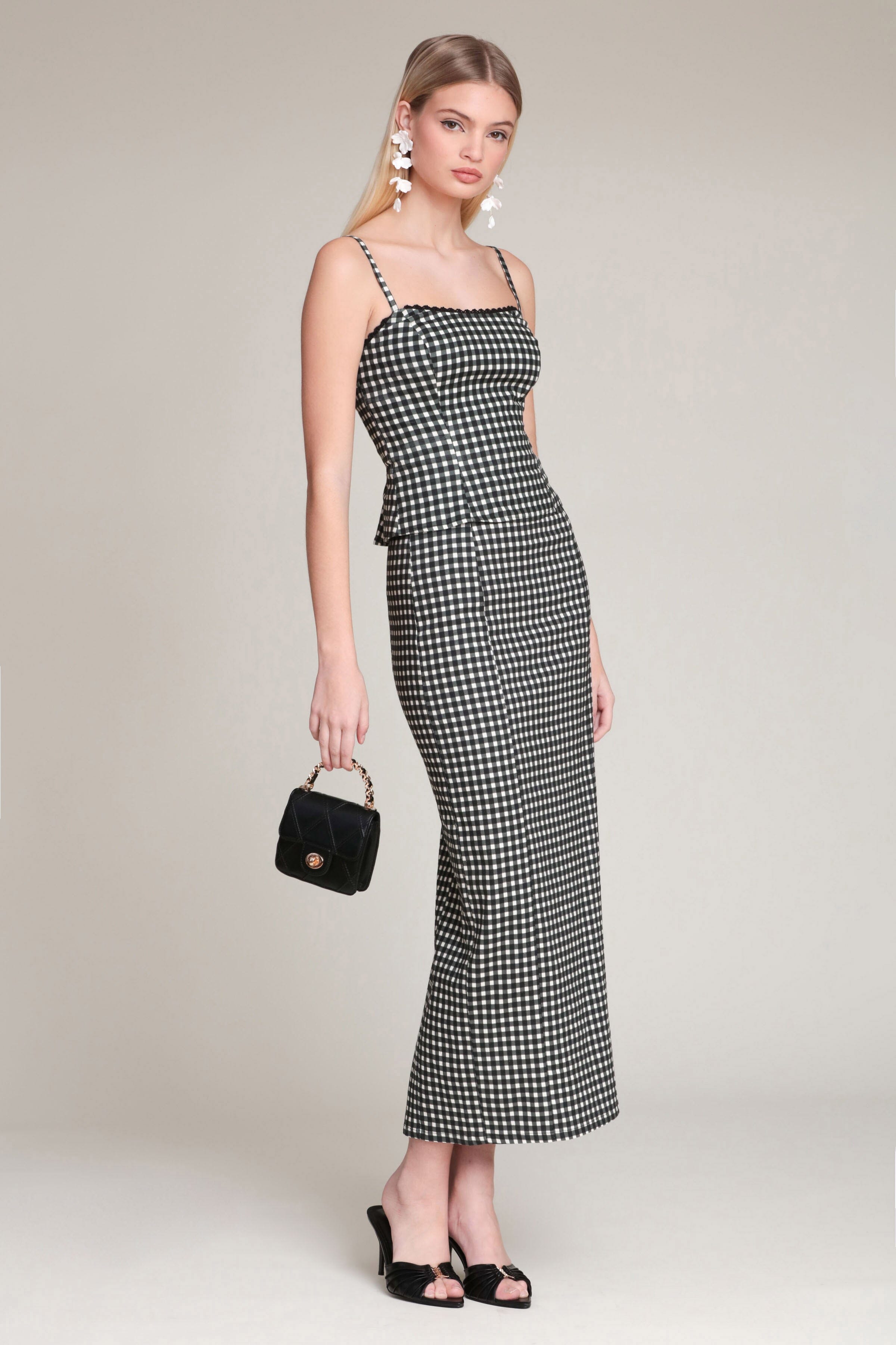 Linen-blend black gingham high-rise pencil skirt - Shop designer women’s cute maxi skirts by Avec Les Filles