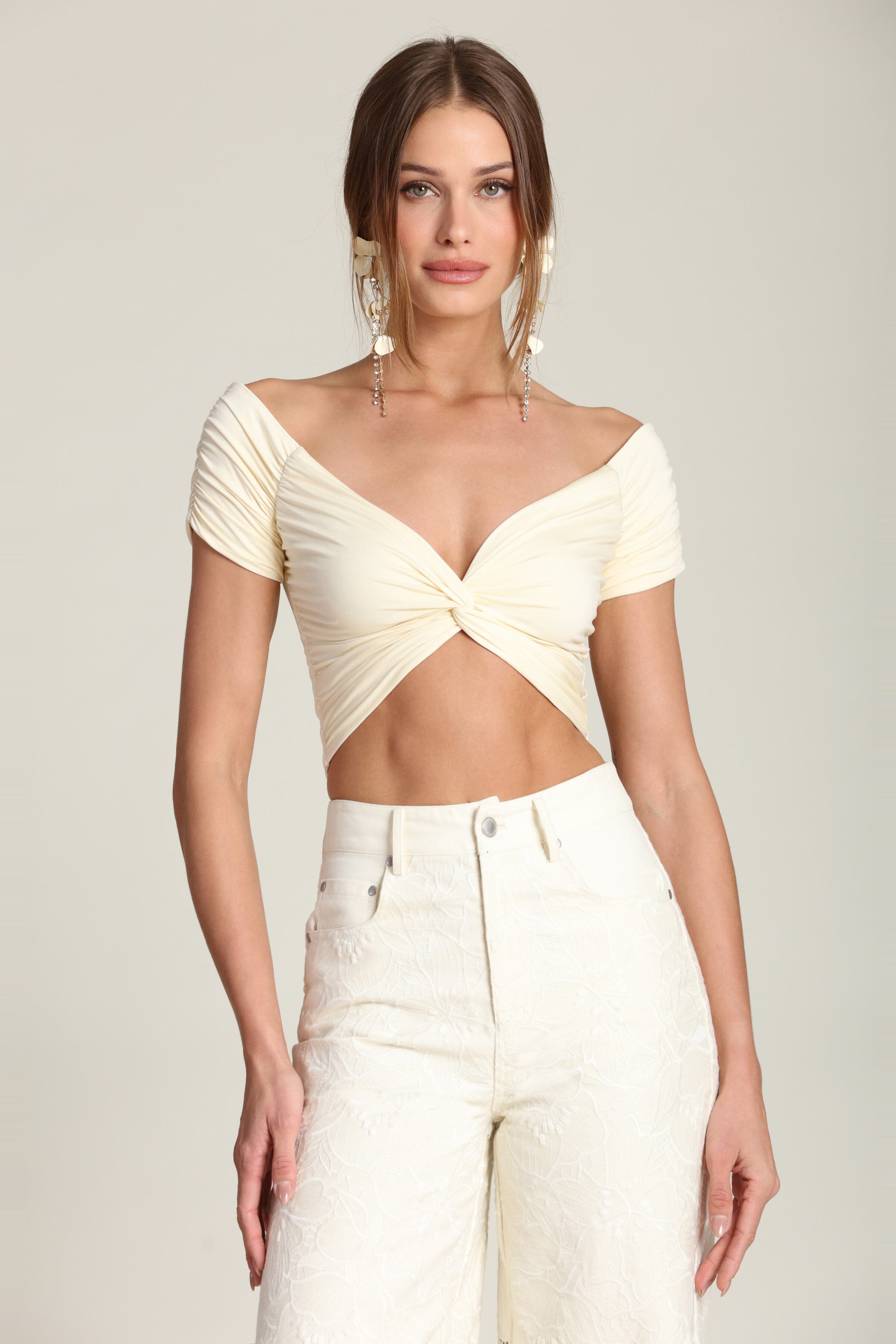 Soft stretch knit top, cropped blouse, cream color off shoulder by Avec Les Filles