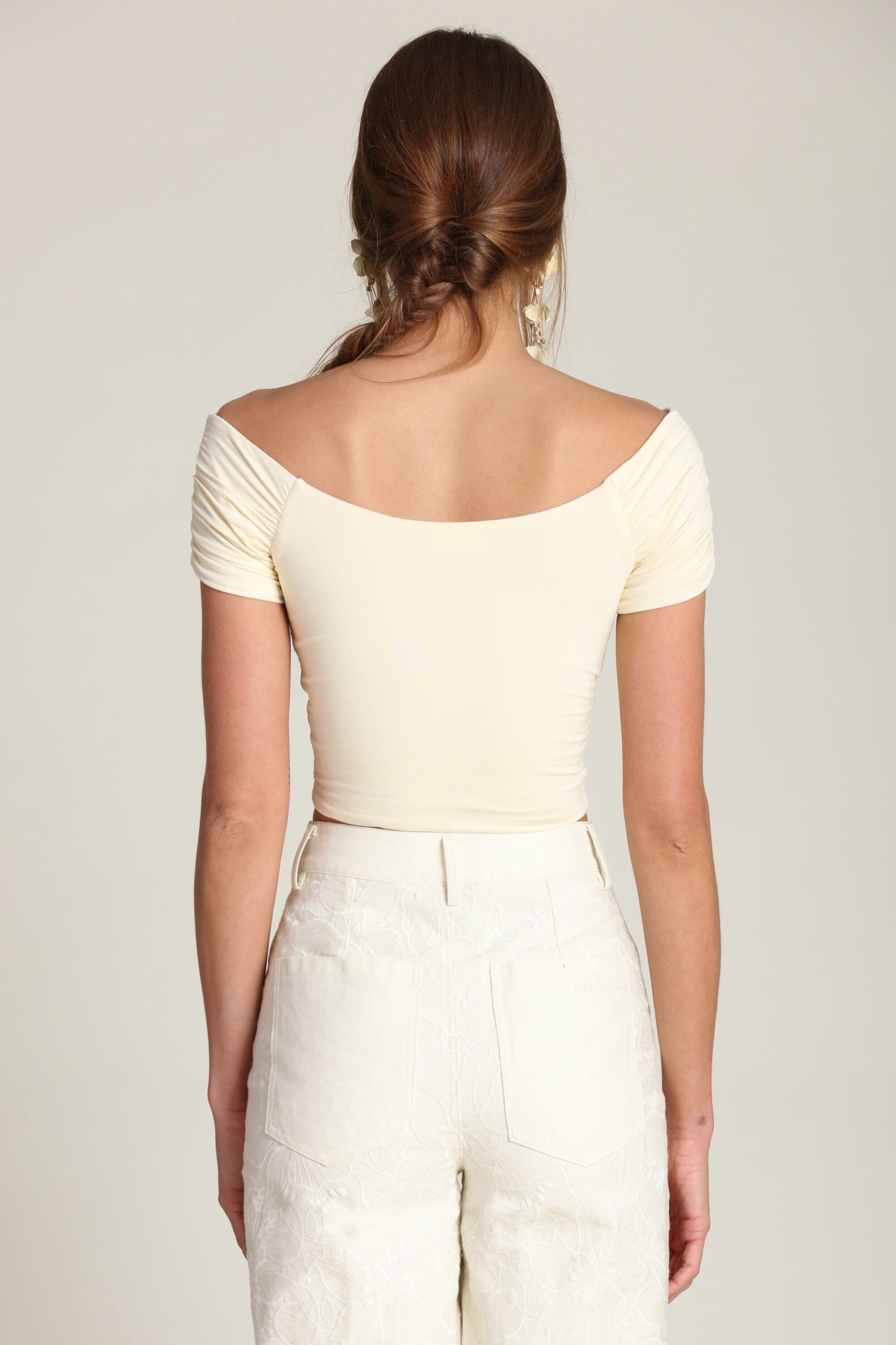 Cream color off shoulder, soft stretch knit top, cropped blouse by Avec Les Filles