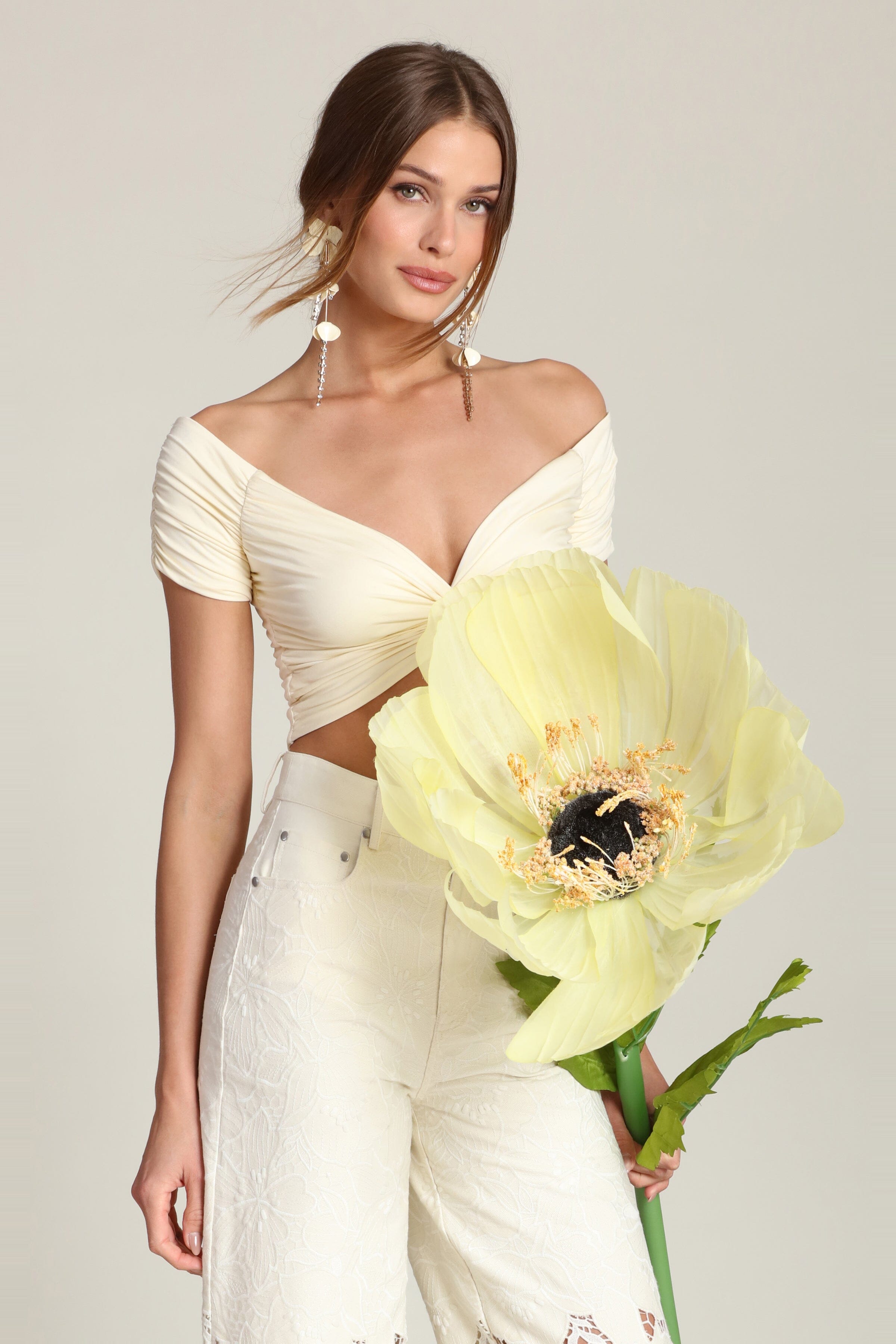 Cream color off shoulder, soft stretch knit top, cropped blouse - Shop women’s shirts and tops by Avec Les Filles