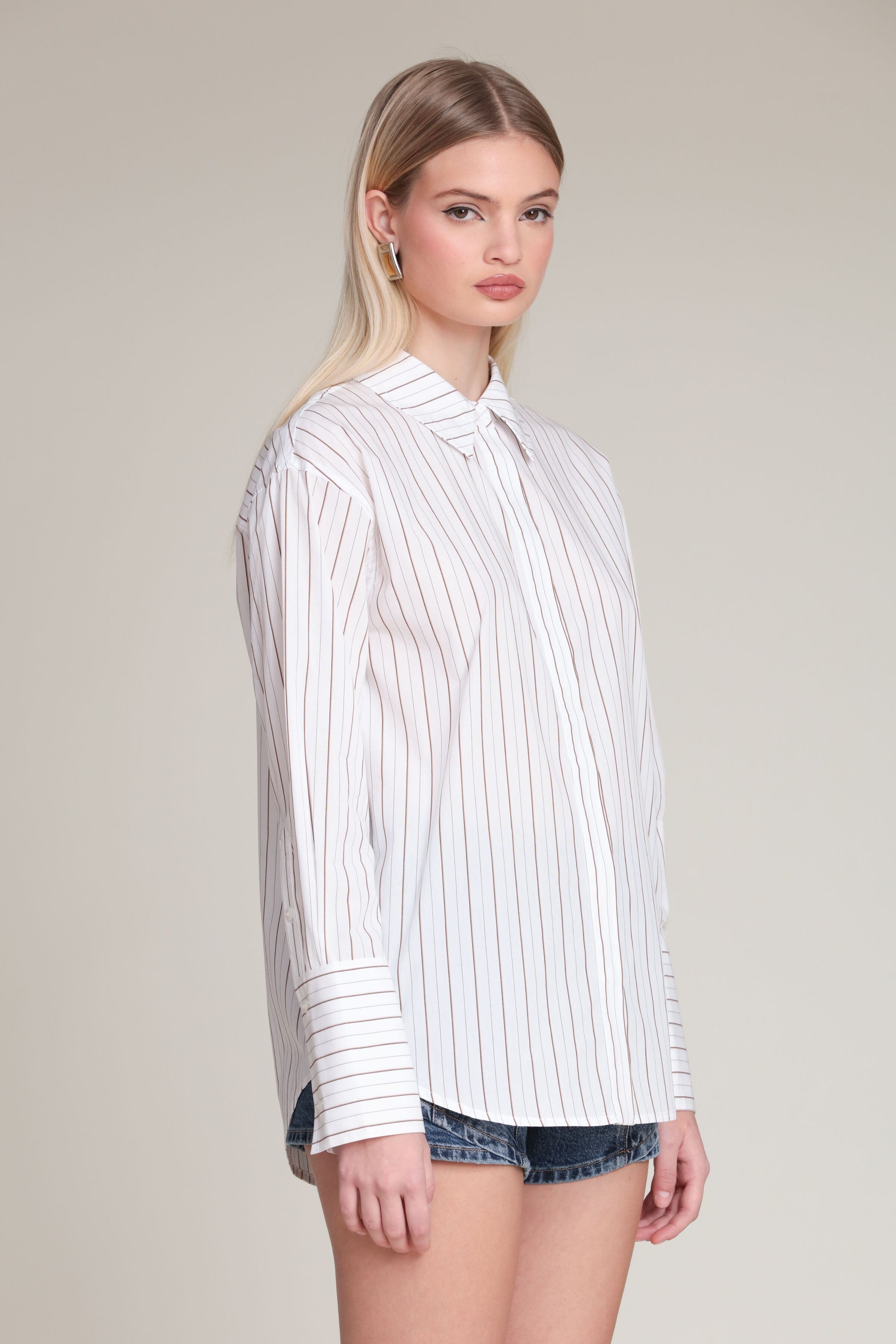 Button-down blouse, white beige pinstripe lightweight cotton poplin shirt by Avec Les Filles