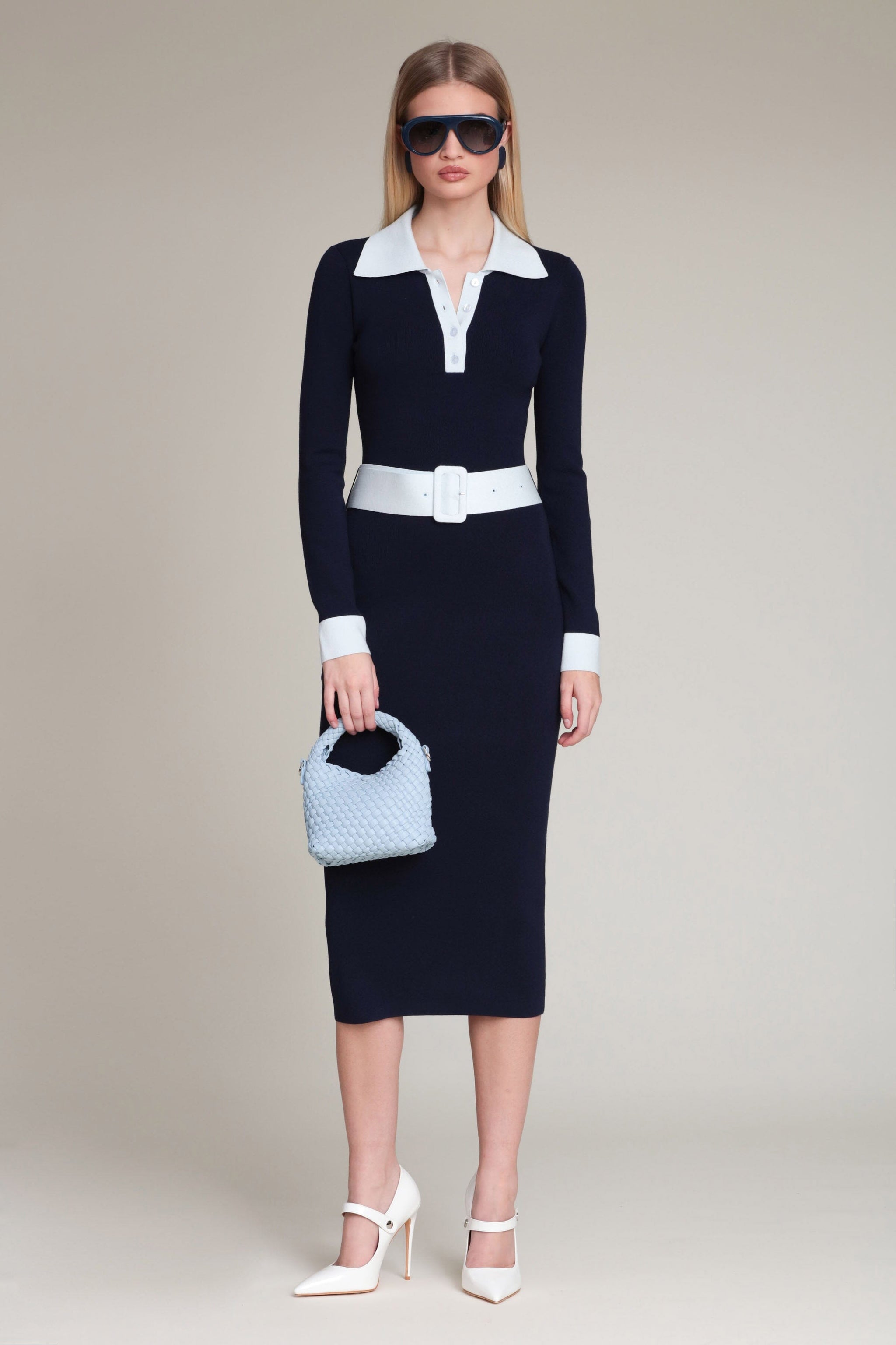 Avec Les Filles Long Sleeve Polo Collar Dress - Navy Colorblock Avec Les Filles Long Sleeve Polo Collar Dress - Navy Colorblock