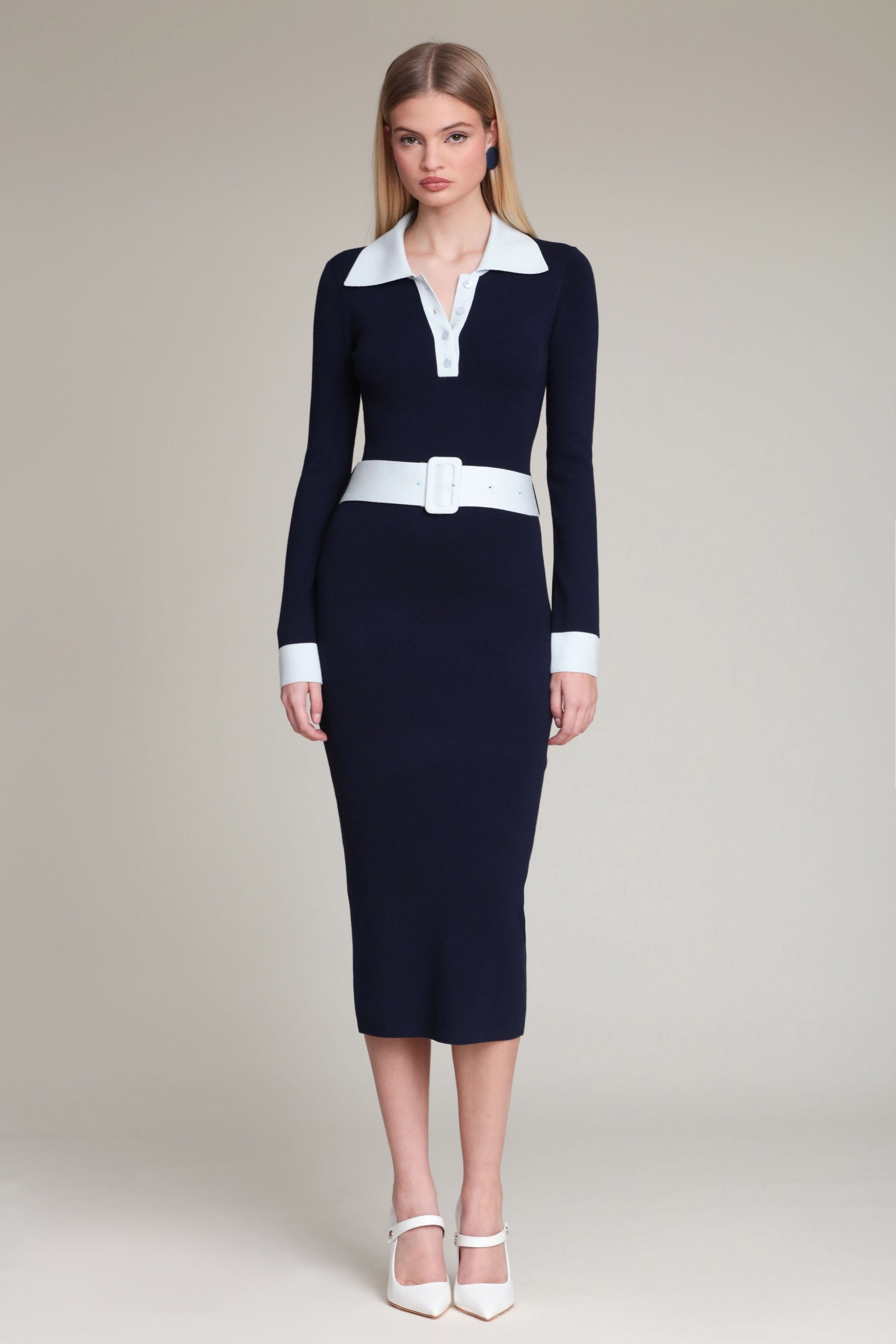 Navy blue bodycon midi dress with a removable belt - Shop women's cute midi dresses by Avec Les Filles