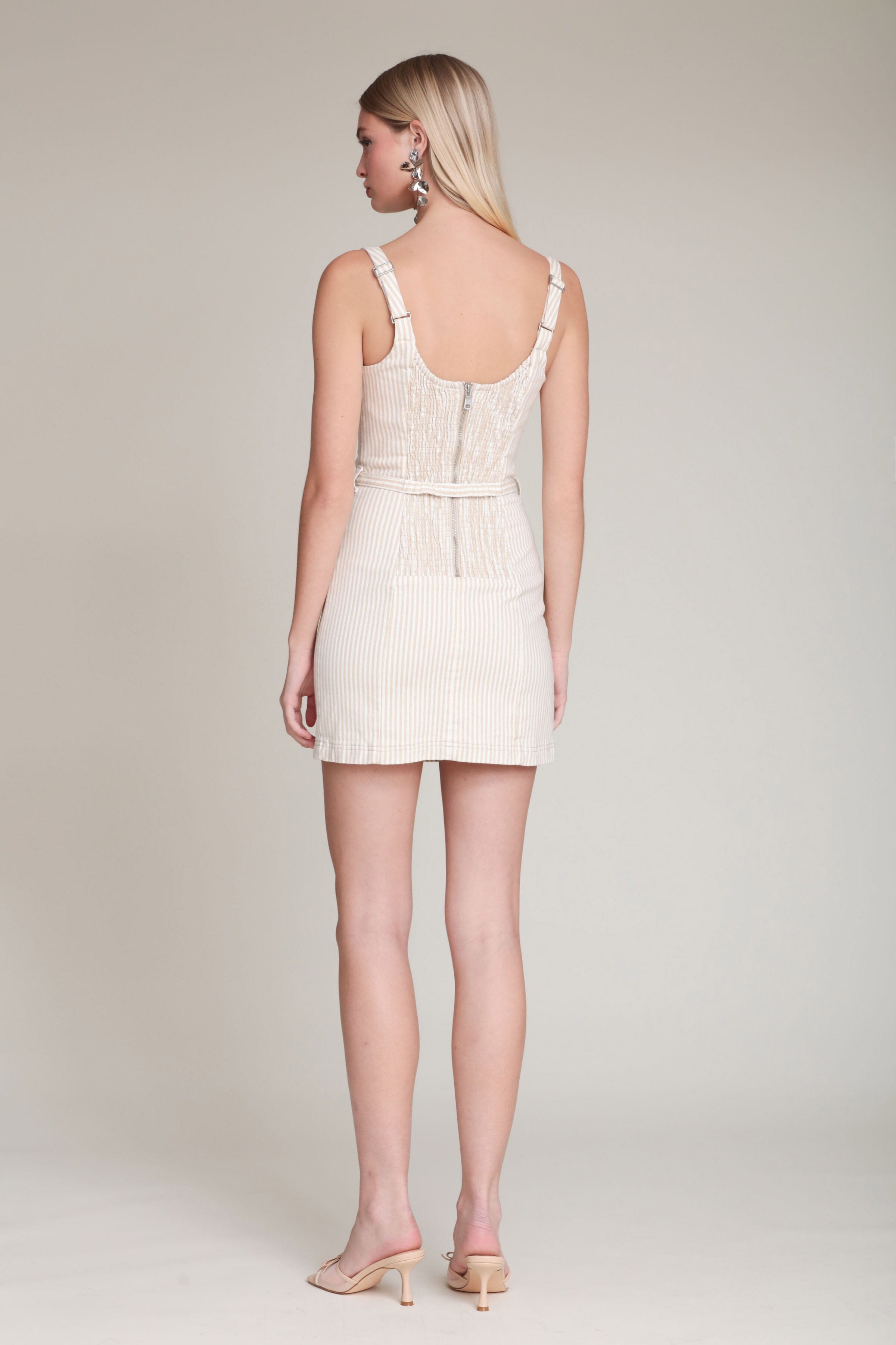 White striped cotton belted beige mini dress with adjustable straps - women's cute mini dresses by Avec Les Filles