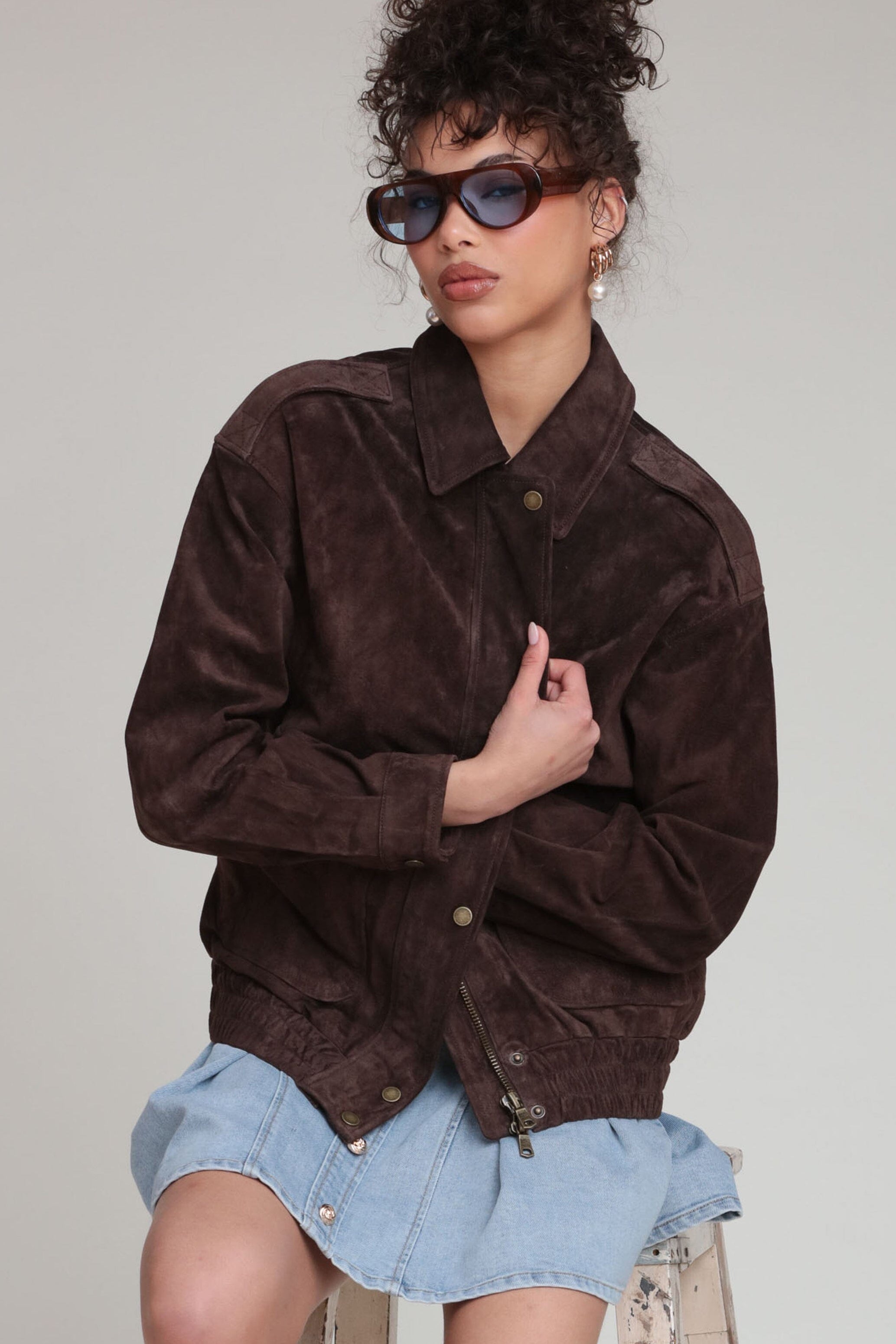 Genuine leather suede relaxed dark brown bomber jacket with a pointed collar and drop-shoulders - Shop designer women's bomber jackets by Avec Les Filles