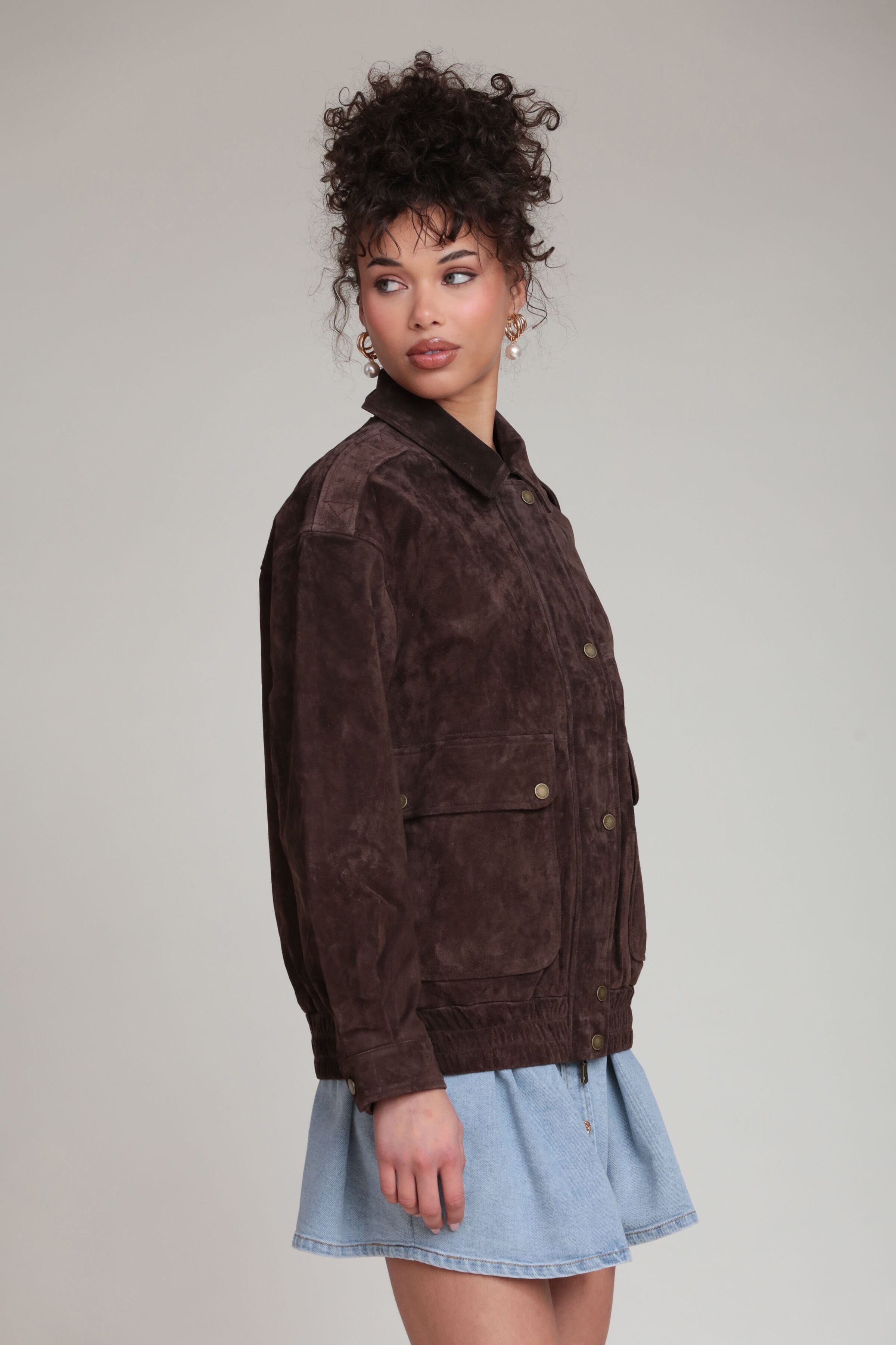 Genuine leather suede relaxed dark brown bomber jacket with a pointed collar - Shop designer women's bomber jackets by Avec Les Filles
