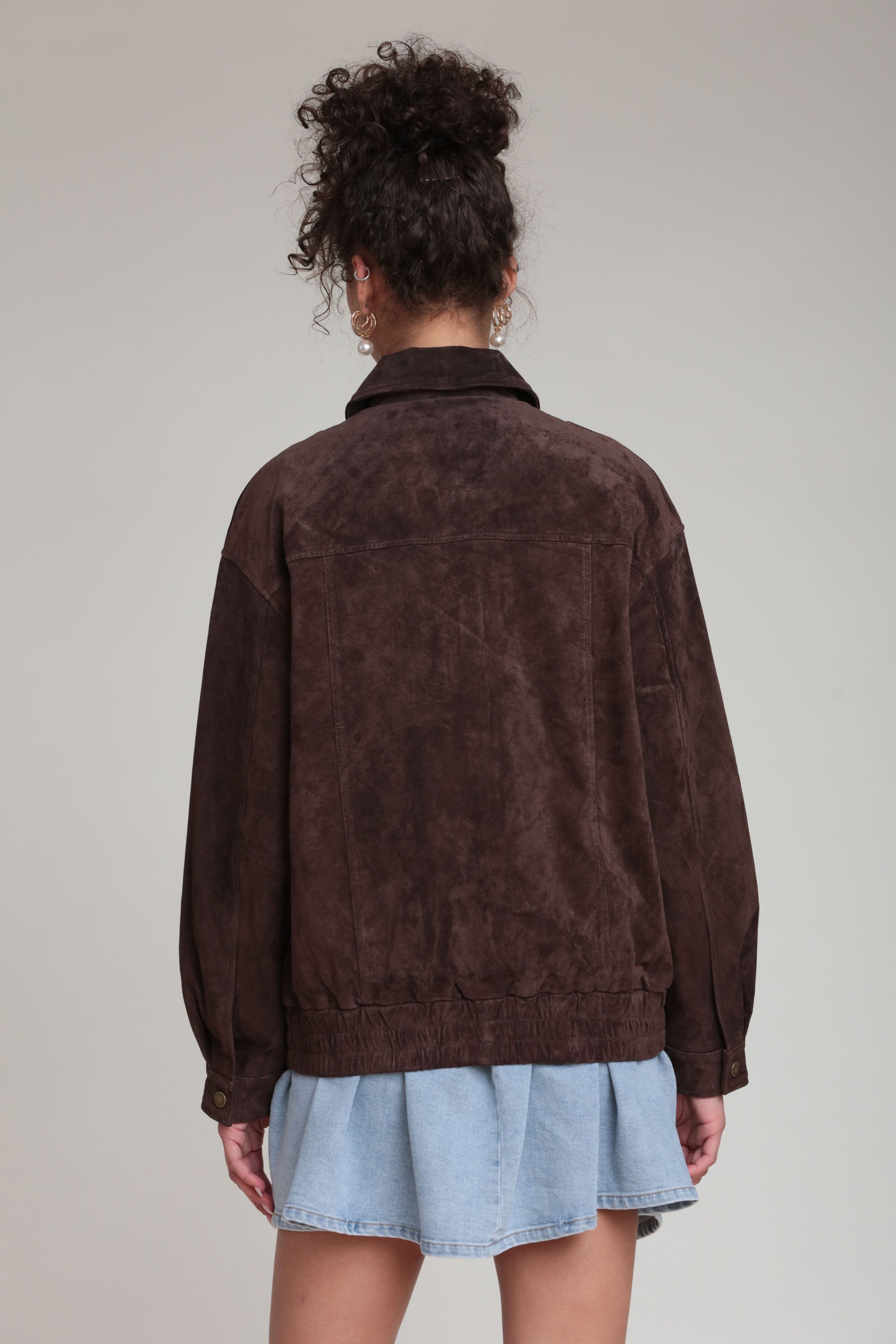 Genuine leather suede relaxed dark brown bomber jacket with a pointed collar and drop-shoulders - Shop designer bomber jackets by Avec Les Filles