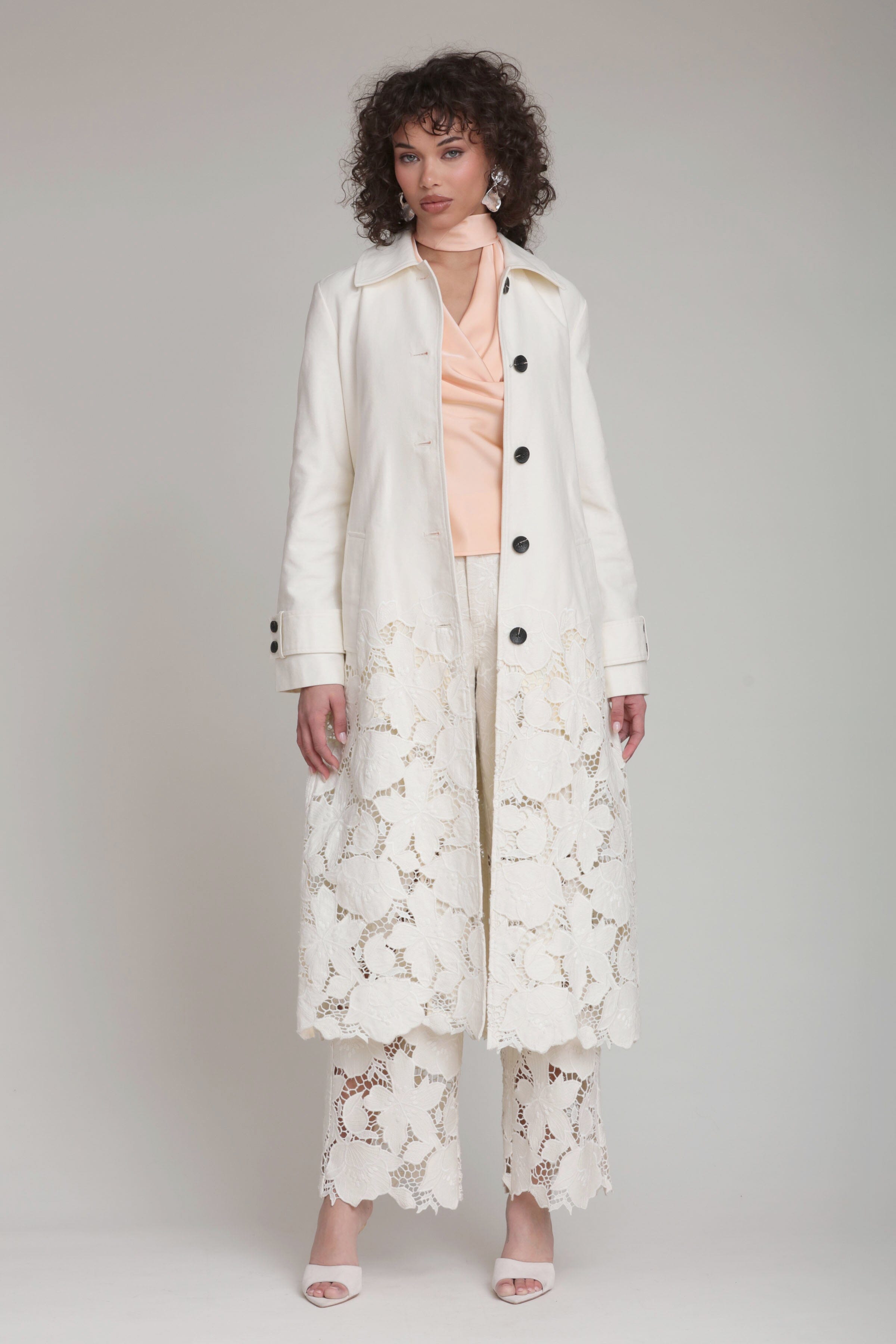 Off-white women's modern cotton twill trench coat, guipure lace by Avec Les Filles