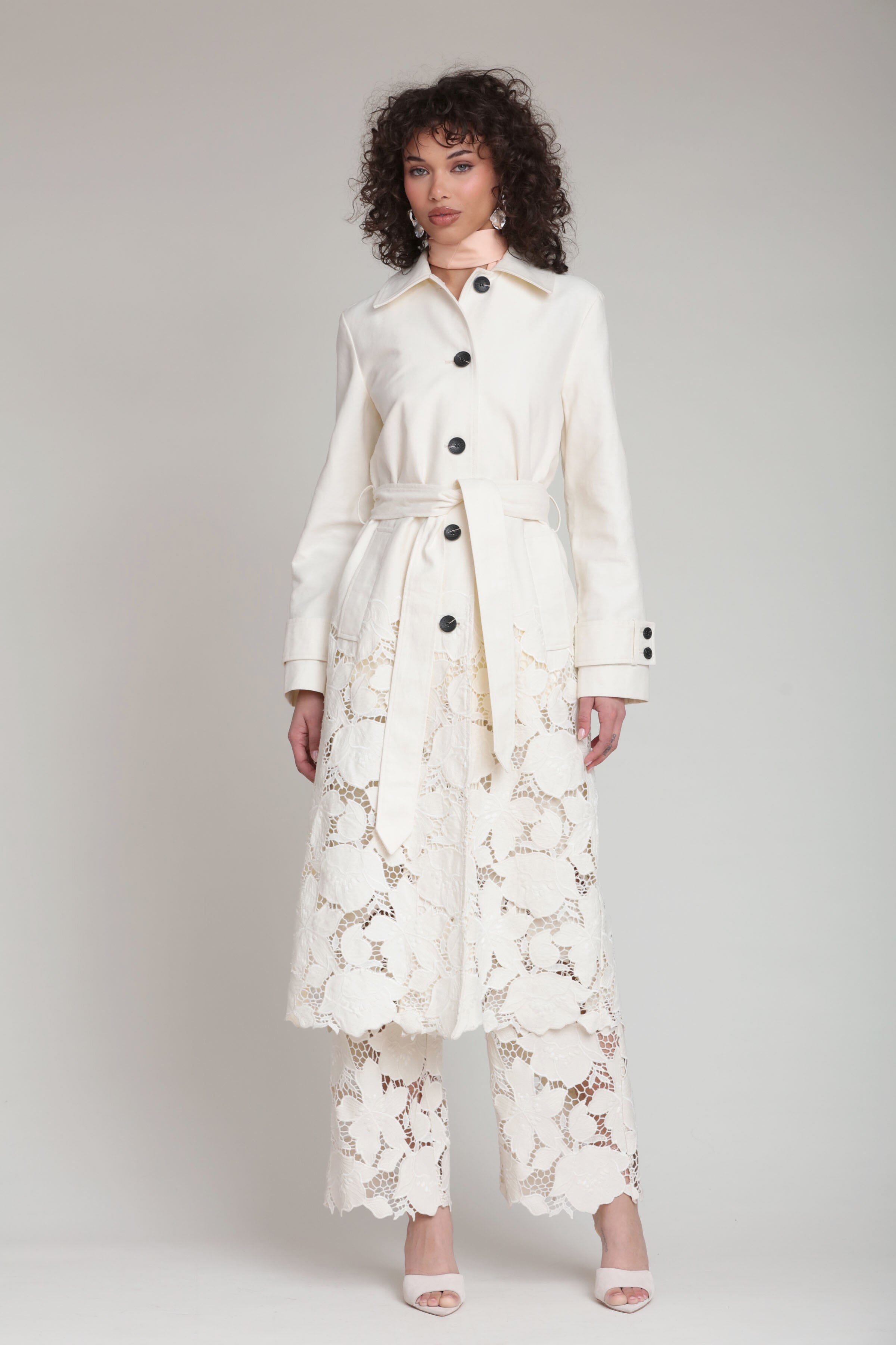 Guipure lace off white women's modern cotton twill trench coat- Shop cute coats and jackets by Avec Les Filles