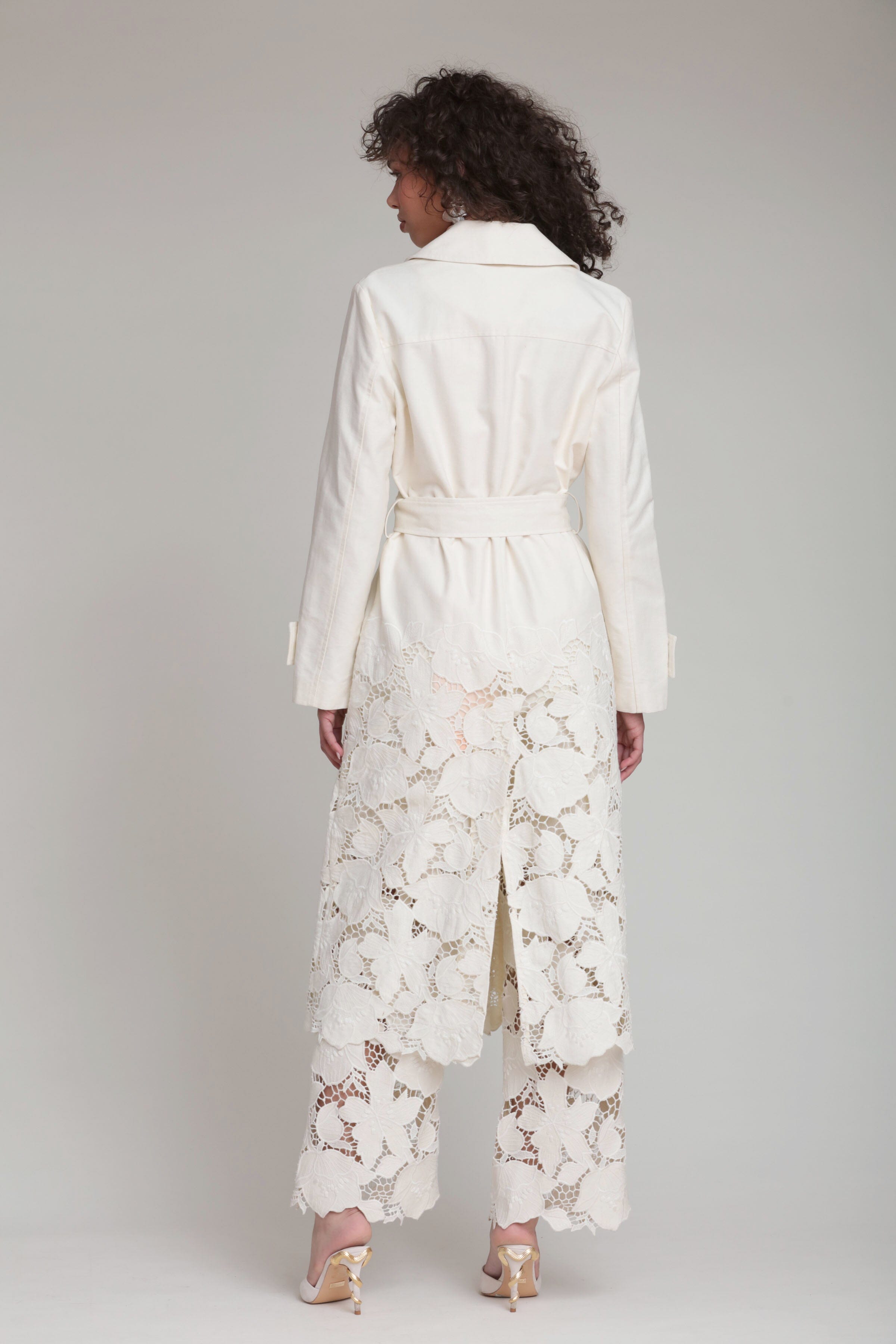 Guipure lace off-white women's modern cotton twill trench coat- Shop cute designer coats and jackets by Avec Les Filles