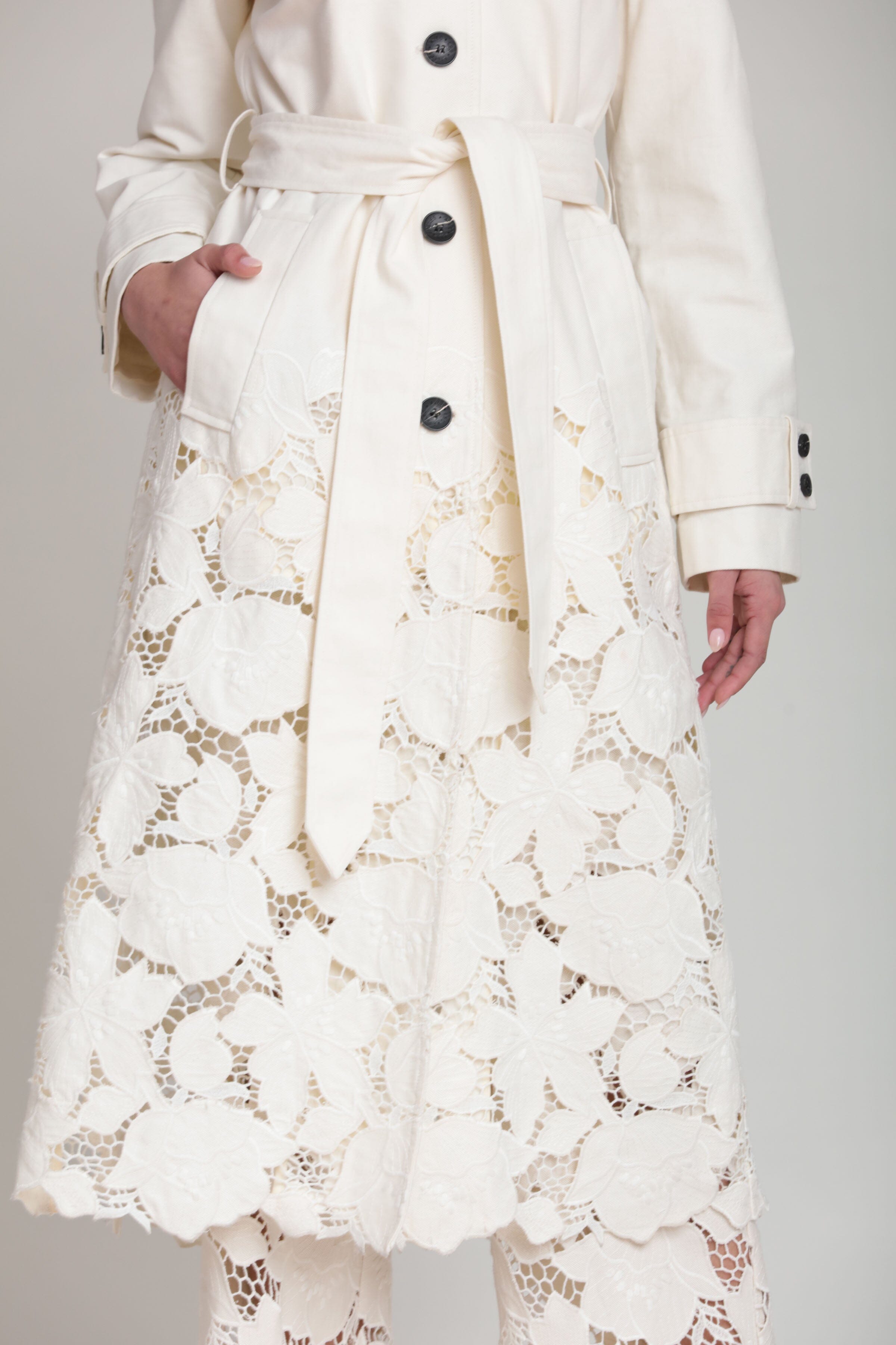 Guipure lace off-white modern cotton twill trench coat - Shop women’s coats and jackets by Avec Les Filles