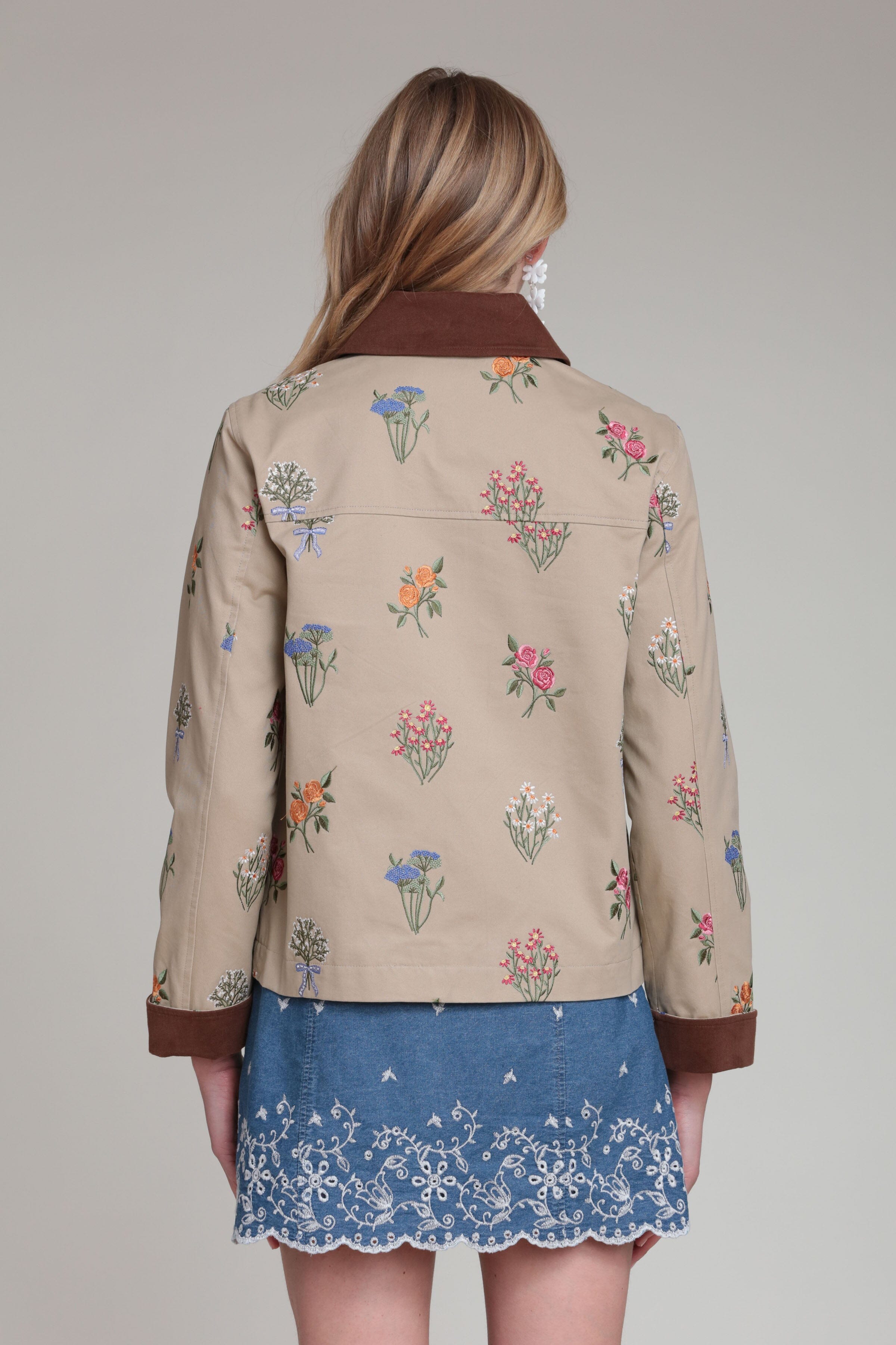 Cotton utility khaki jacket with floral embroidery - Shop women's cute cropped jackets by Avec Les Filles
