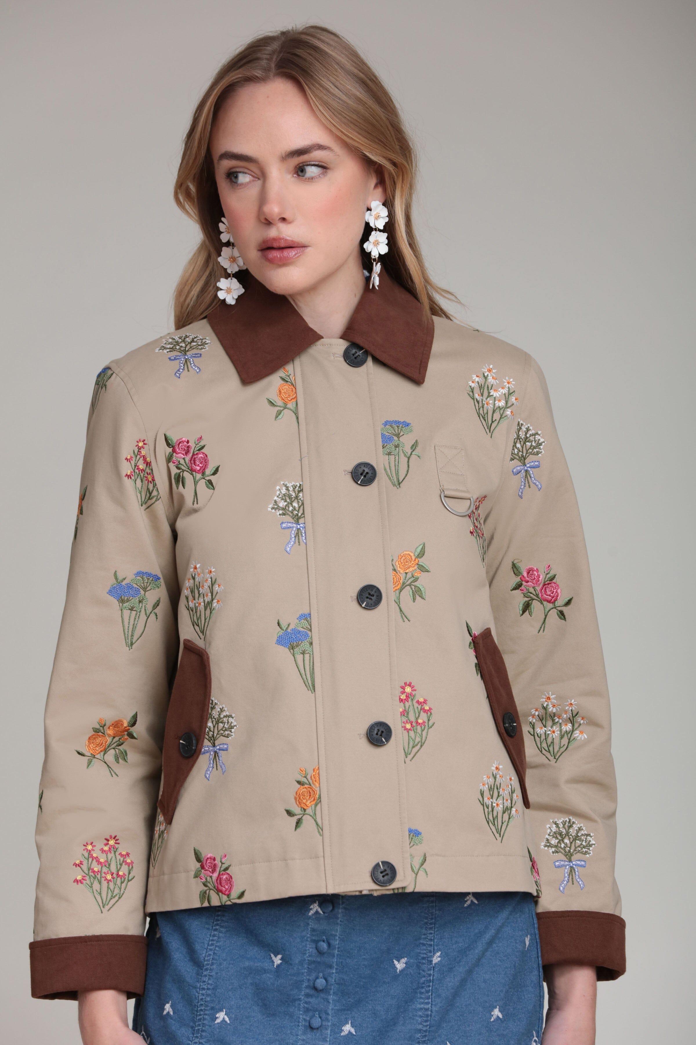 Cotton utility khaki jacket with floral embroidery - Shop women's cute coats & jackets by Avec Les Filles