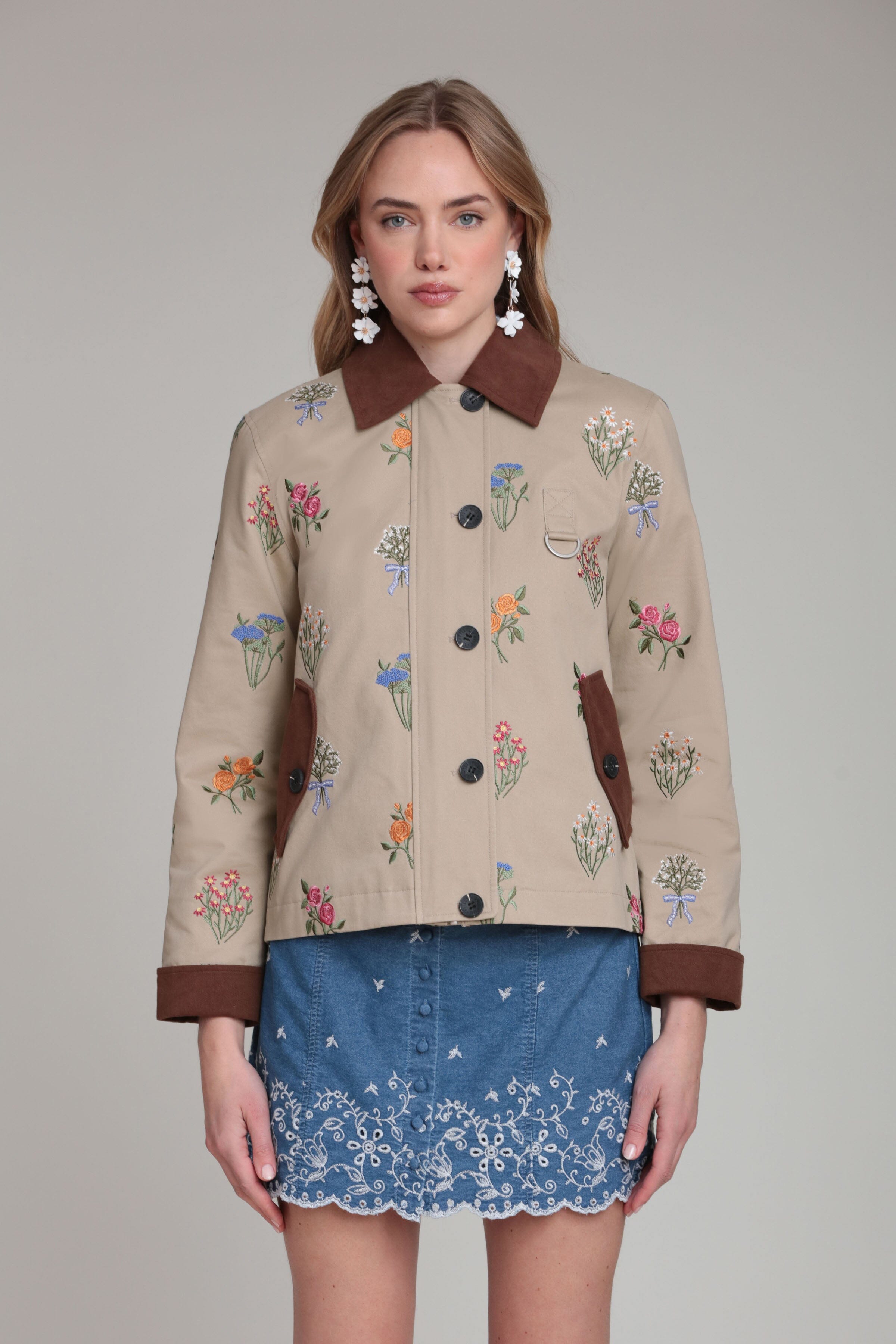 Cotton utility khaki jacket with floral embroidery - Cute women's jackets by Avec Les Filles