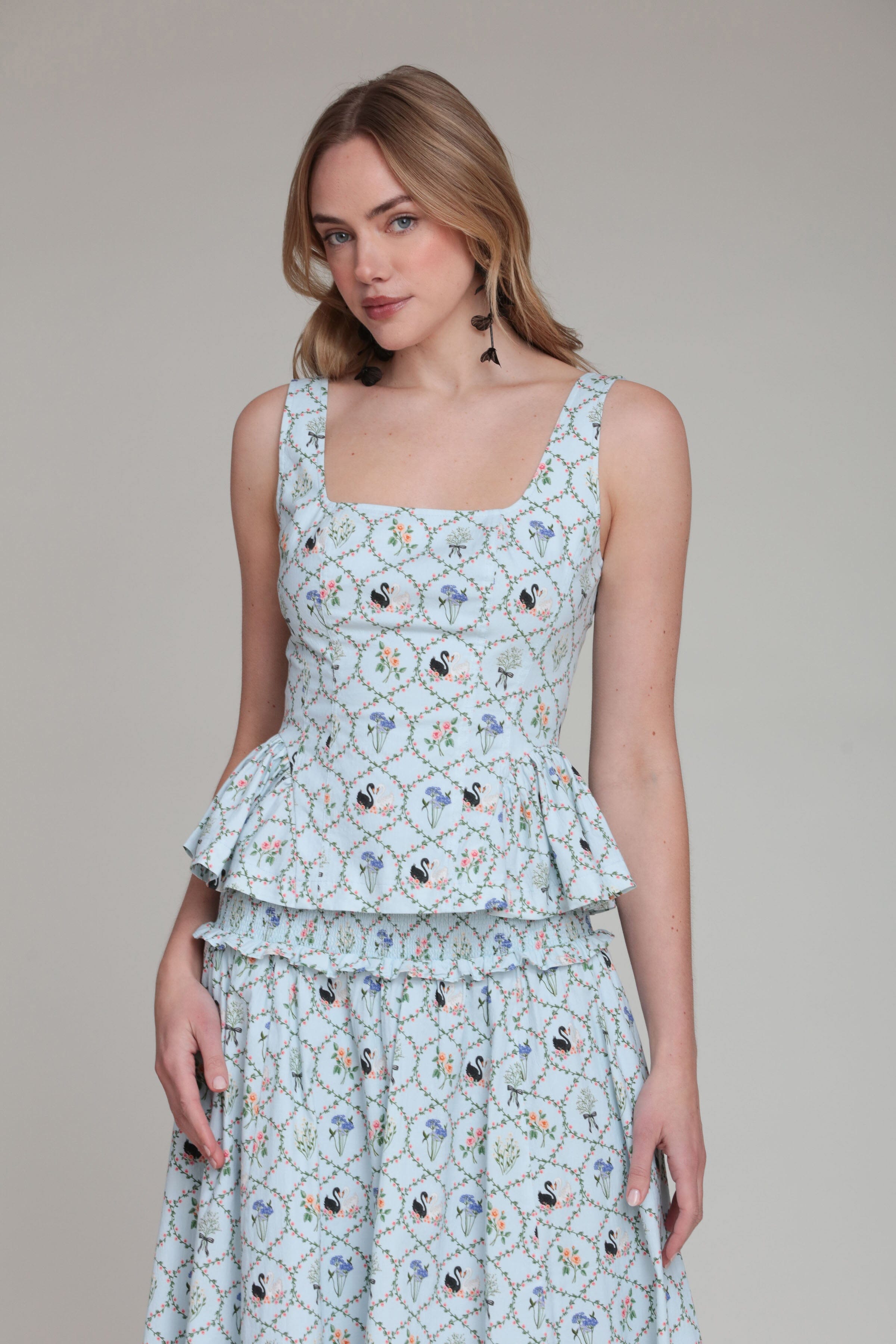 Stretch Cotton Printed Light Blue Peplum Top